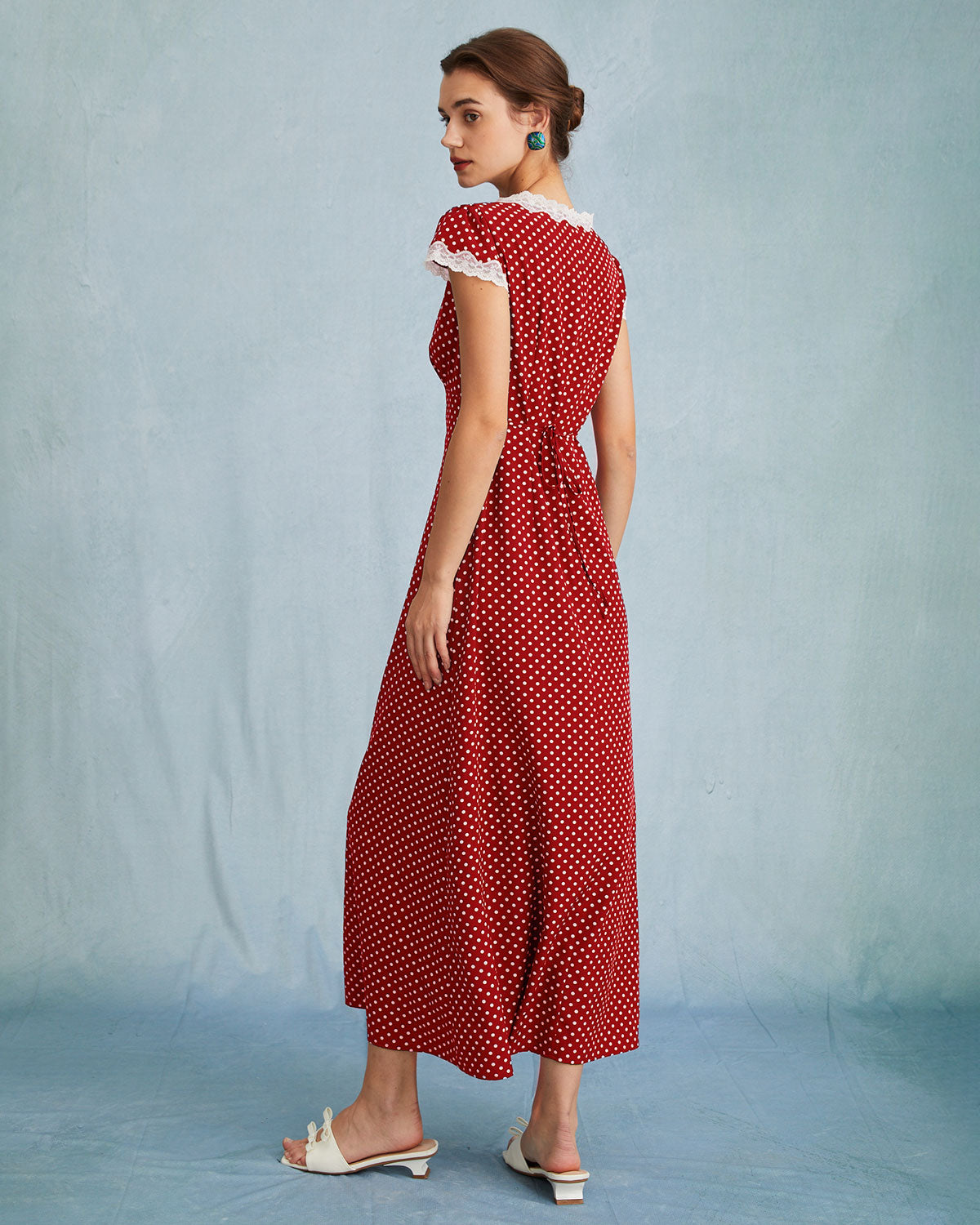 Elegant Red V-Neck Polka Dot Lace Ruched Maxi Dress for Women - Perfect for Summer Weddings, Beach Vacations & Date Nights