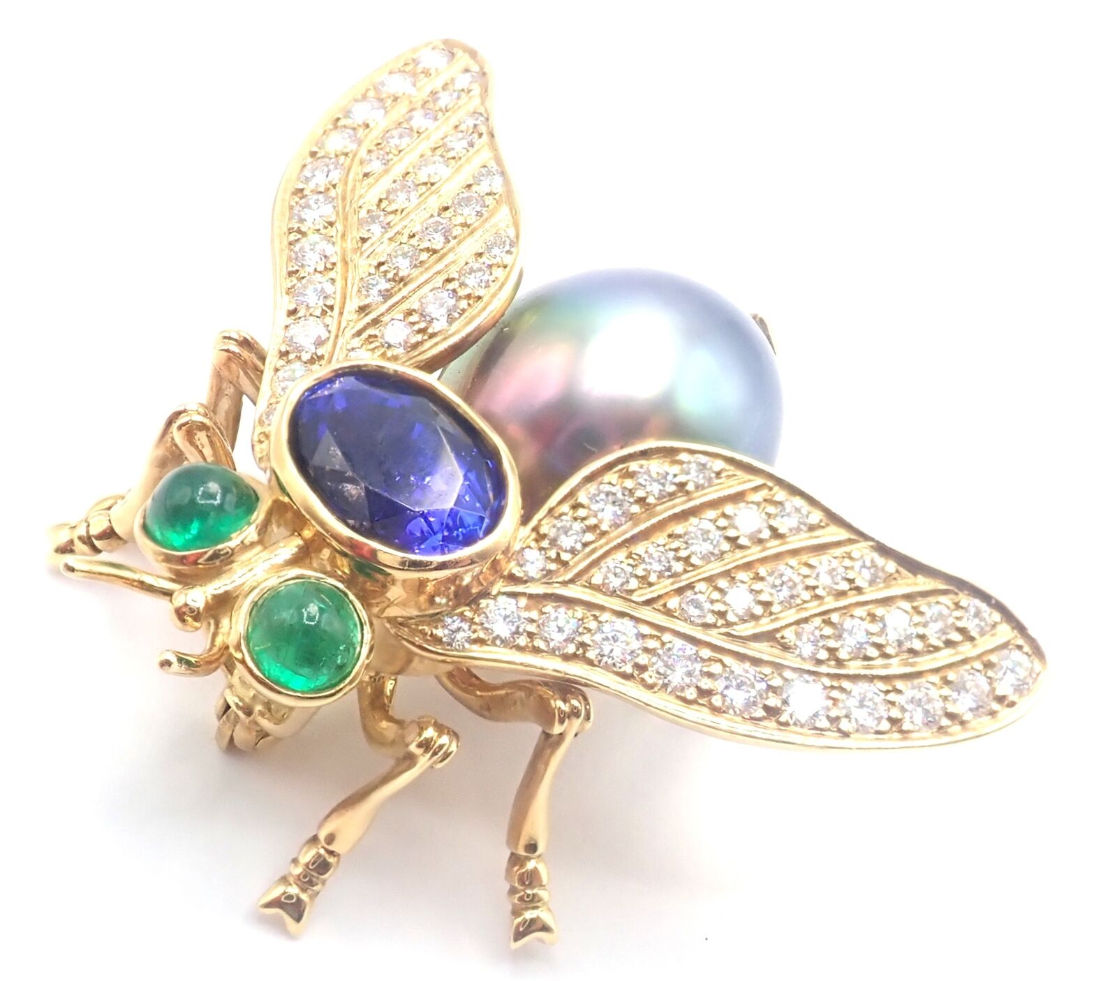 Tiffany & Co 18k Gold Diamond Tahitian Pearl Tanzanite Emerald Fly Pin Brooch - Luxury Jewelry for Women, Perfect for Weddings, Parties & Special Occasions
