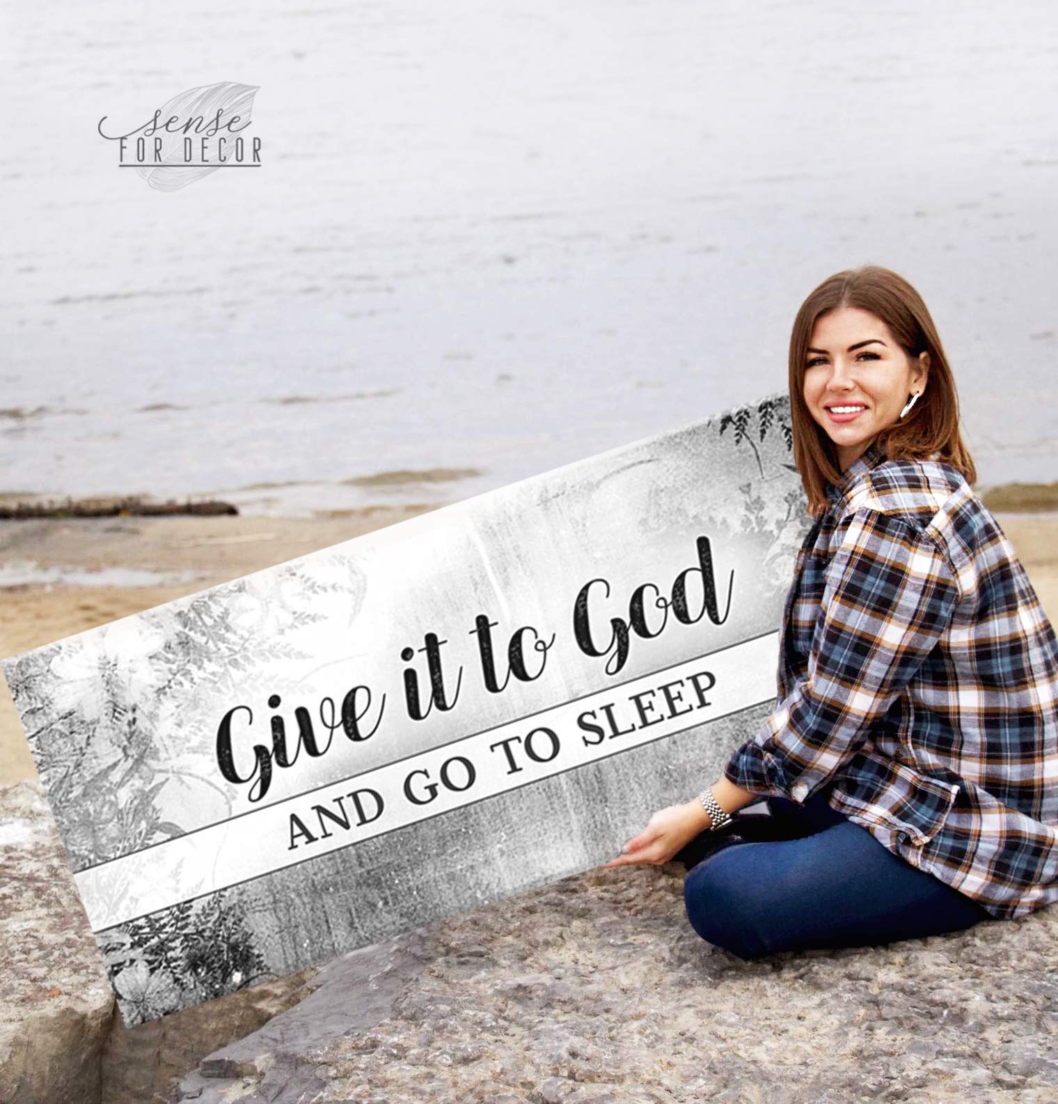 Give It to God and Go to Sleep Sign - Christian Wall Art Decor, Framed Scripture Sign for Bedroom, Farmhouse, or Religious Home Décor - Large 42x19 Inches Grey Wooden Plaque - Perfect for Over Bed, Living Room, or Prayer Space