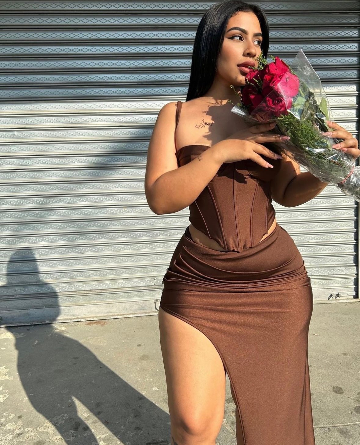 Sexy Chocolate Brown Corset & Slit Skirt Two Piece Set - Padded Boned Bustier with Spaghetti Straps & Ruched Mini Skirt for Women | Clubwear, Date Night, Cosplay, Boudoir Photoshoot