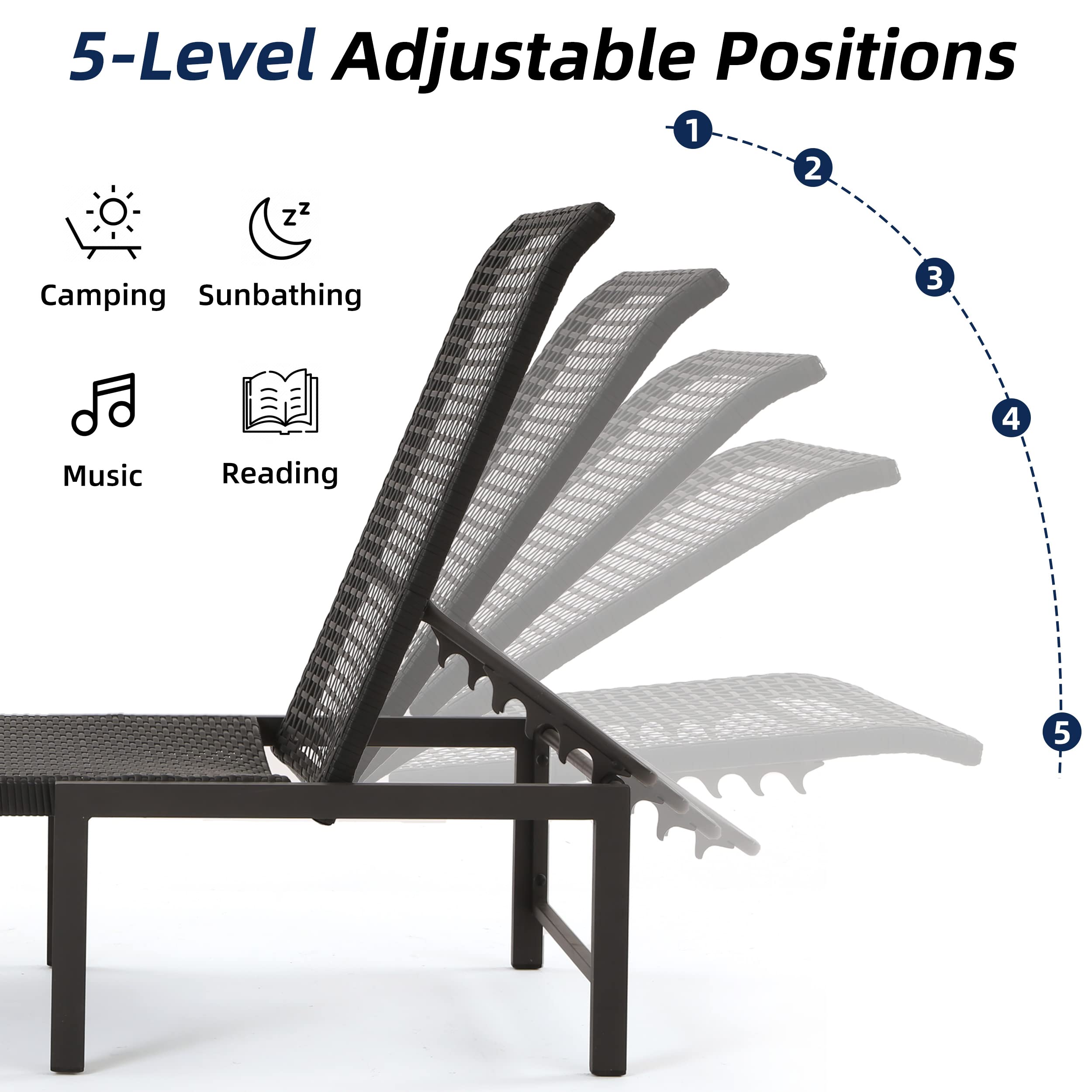 Outdoor Chaise Lounge Chairs Set of 2 - Hand-Woven Rattan with Adjustable Aluminum Frame (5 Positions) - Waterproof Patio Furniture for Poolside, Deck, Beach & Backyard - Dark Grey Modern Design - Perfect for Sunbathing, Relaxing & Outdoor Lounging