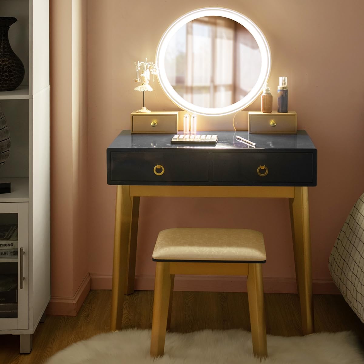 CHARMAID Black Makeup Vanity Desk with Lighted Mirror & Stool - 4 Drawers, 3 Lighting Modes for Small Bedroom Dressing