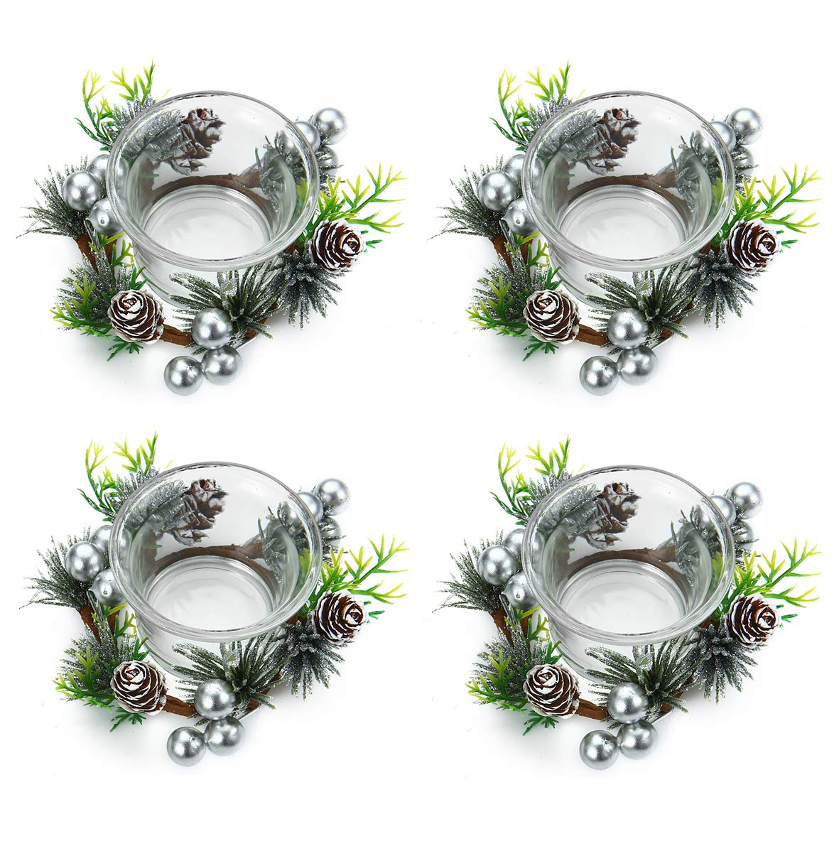 OYATON Set of 4 Christmas Glass Votive Candle Holders with Pinecone Berry Wreath - Decorative Tealight Holders for Holiday, Wedding, Living Room & Bedroom Decor - Perfect for Christmas Tablescapes, Mantel Displays & Cozy Winter Ambiance (Candles Not Included)