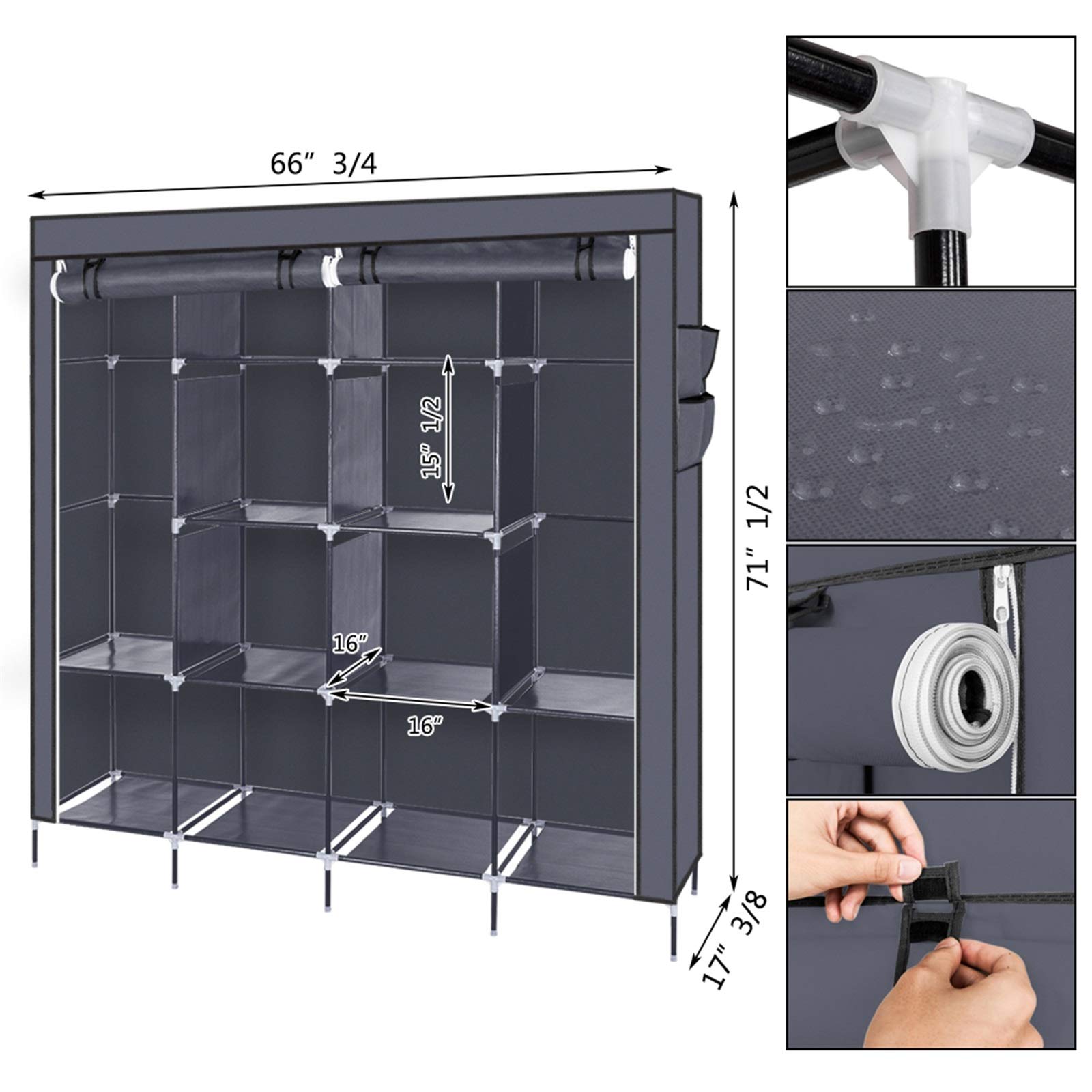Portable Wardrobe Closet with 12 Shelves & 4 Side Pockets - Foldable Clothes Storage Organizer for Bedroom, Durable Hanging Garment Rack - Perfect for Small Spaces, Dorm Rooms & Closet Organization