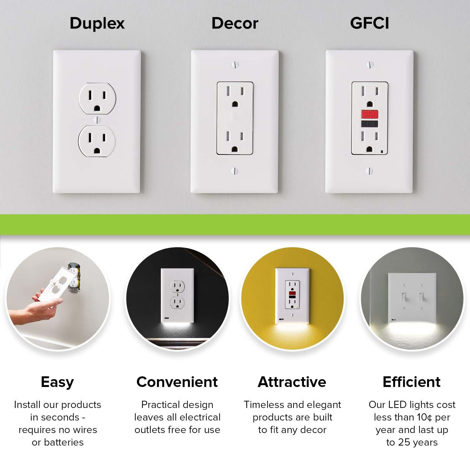 SnapPower 2 Pack GuideLight 2 LED Night Light Wall Plate for Duplex Outlets - Auto On/Off Sensor, Black - Replace Plug-in Night Lights - Perfect for Hallways, Bedrooms & Bathrooms