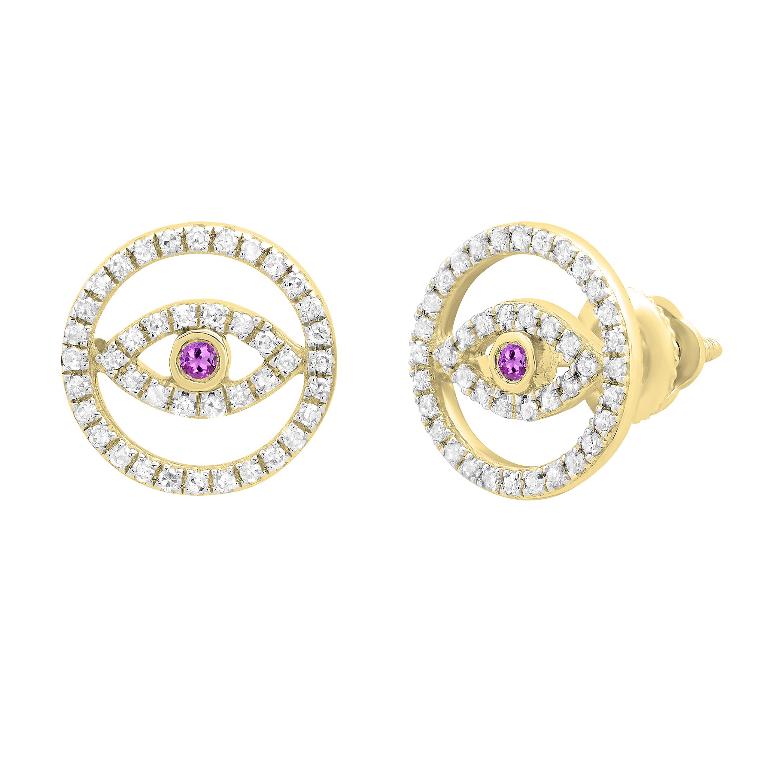 14K Solid Gold Round Amethyst & White Diamond Evil Eye Stud Earrings for Women - Dazzlingrock Collection | Protection Jewelry for Everyday Wear, Gift for Her, Spiritual Healing Accessory