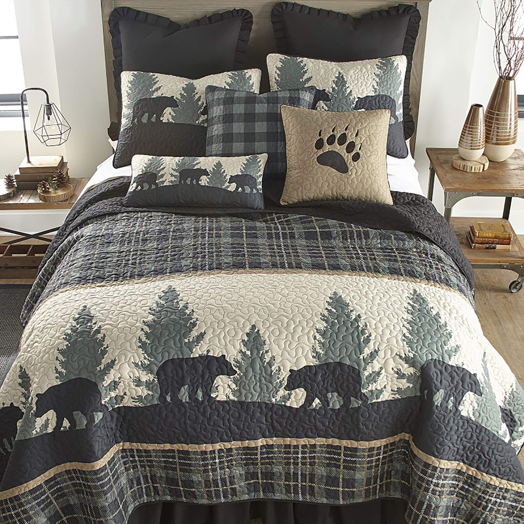 Bear Walk Plaid Lodge Quilt Set - King Size Bedding for Cozy Cabin Retreats