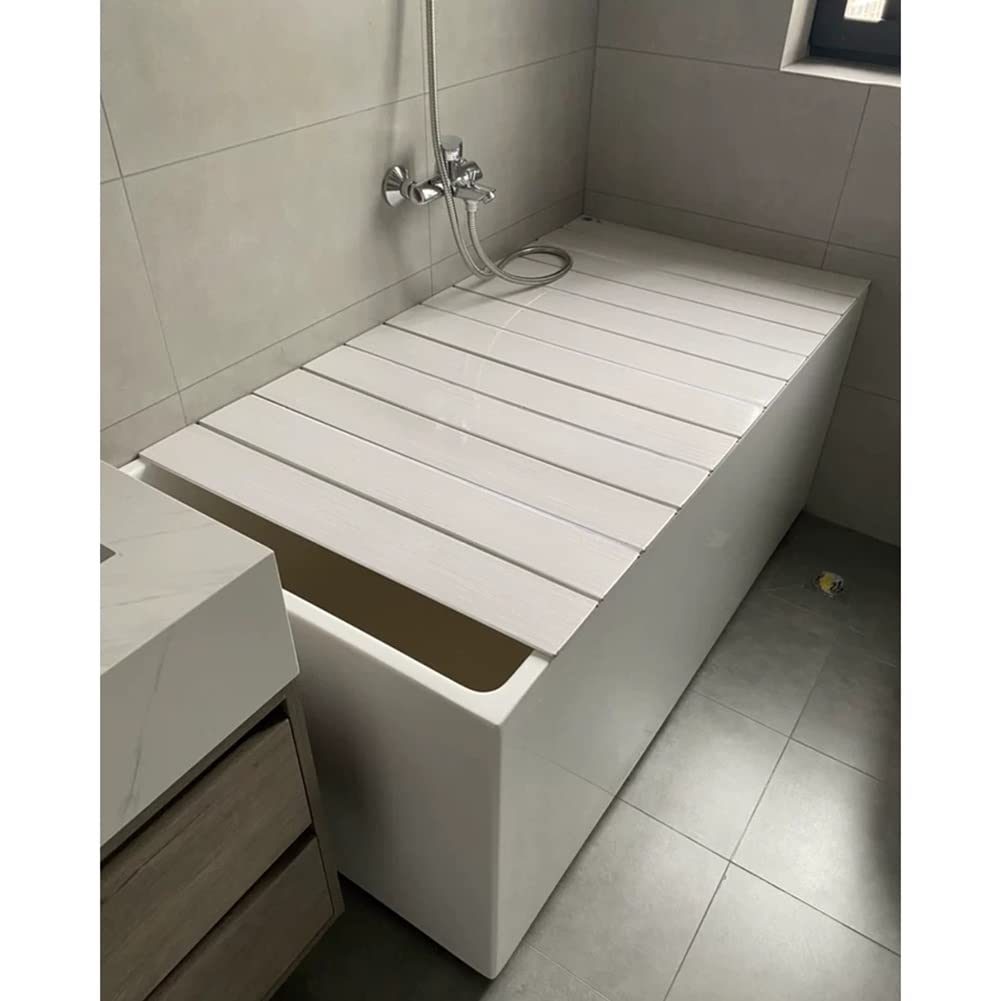 XXIOJUN Folding PVC Bathtub Cover - 110x70x0.6cm White Shutter Style Bathtub Lid, Dustproof Bath Tub Tray for Wine Glasses, Books & Tablets - Perfect for Relaxing Baths, Aromatherapy & Spa Days at Home