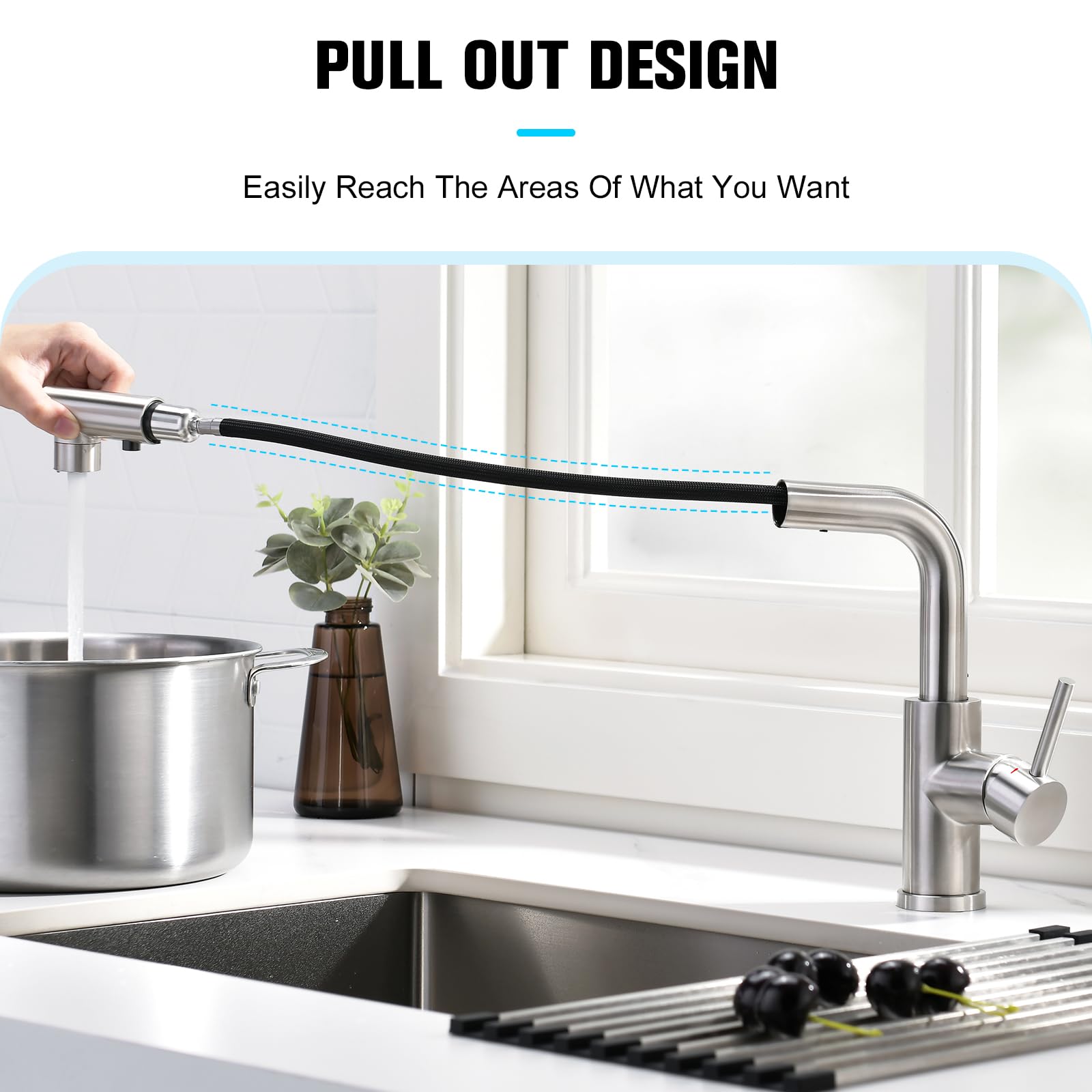 CREA Brushed Nickel Bar Sink Faucet with Pull-Out Sprayer & Pop-Up Drain Stopper - Compact Kitchen & Bathroom Faucet with Overflow & Hair Catcher - Perfect for Small Sinks, Wet Bars, and Powder Rooms