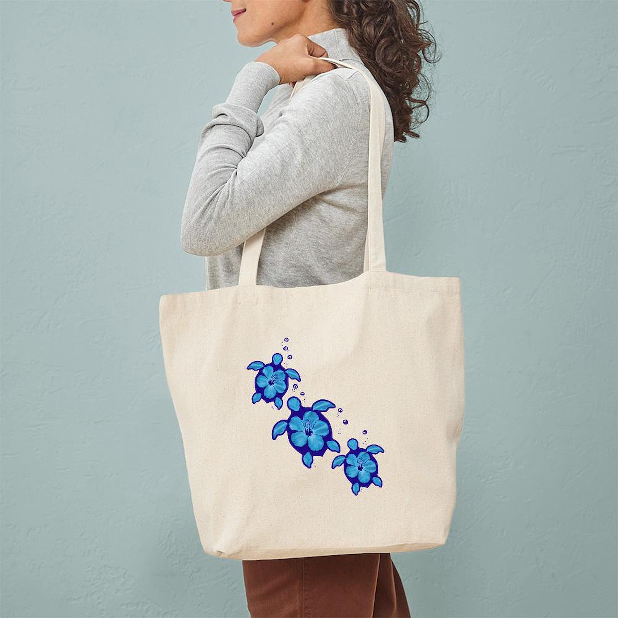 Blue Hibiscus Honu Turtles Canvas Tote Bag - Eco-Friendly Reusable Shopping Bag for Beach, Grocery & Daily Use | Natural Cotton Carryall for Women & Men