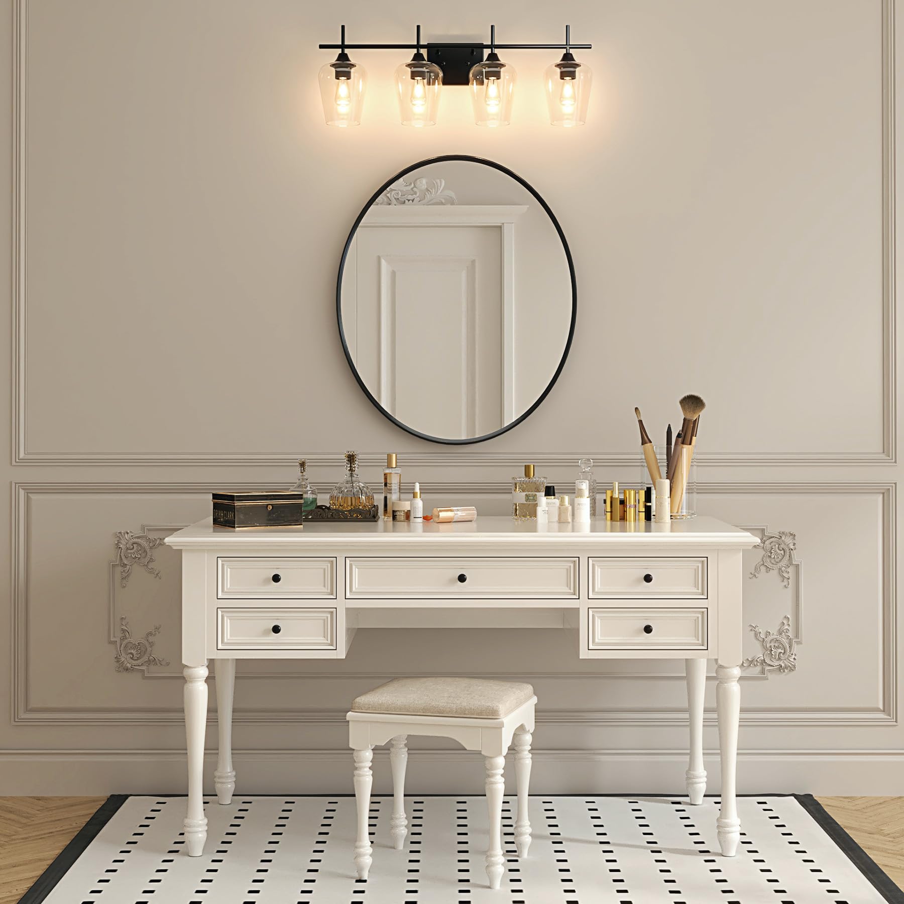 VONLUCE 4-Light Modern Bathroom Vanity Light Fixture with Clear Glass - Matte Black Wall Sconce for Bathroom, Bedroom, Hallway & Kitchen | Perfect Over Mirror Lighting for Home Decor
