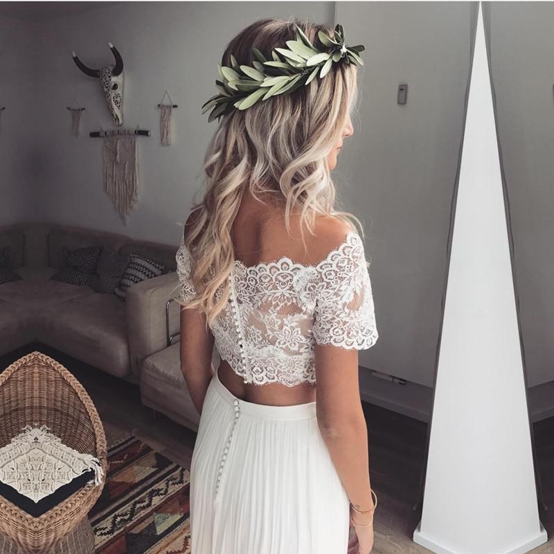 Boho Chic Lace Crop Top and Skirt Set - Elegant Chiffon Two Piece Wedding Dress for Brides, Bridesmaids & Beach Ceremonies | Perfect for Boho Weddings, Vow Renewals & Photoshoots