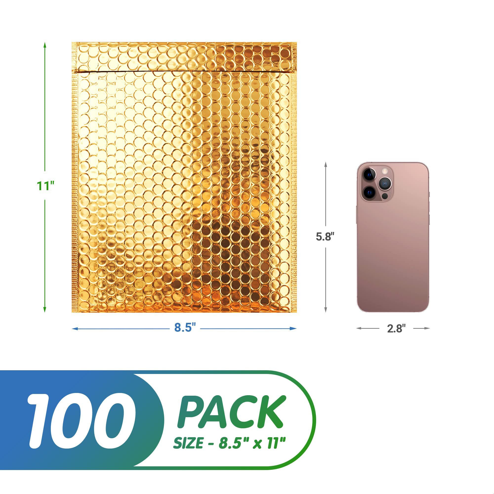 AMIFF Gold Metallic Bubble Mailers 8.5x11 Inches - 100 Pack Opaque Self-Seal Shipping Envelopes | Waterproof Poly Mailers for Small Business | Perfect for Ecommerce, Jewelry Shipping & Gift Packaging