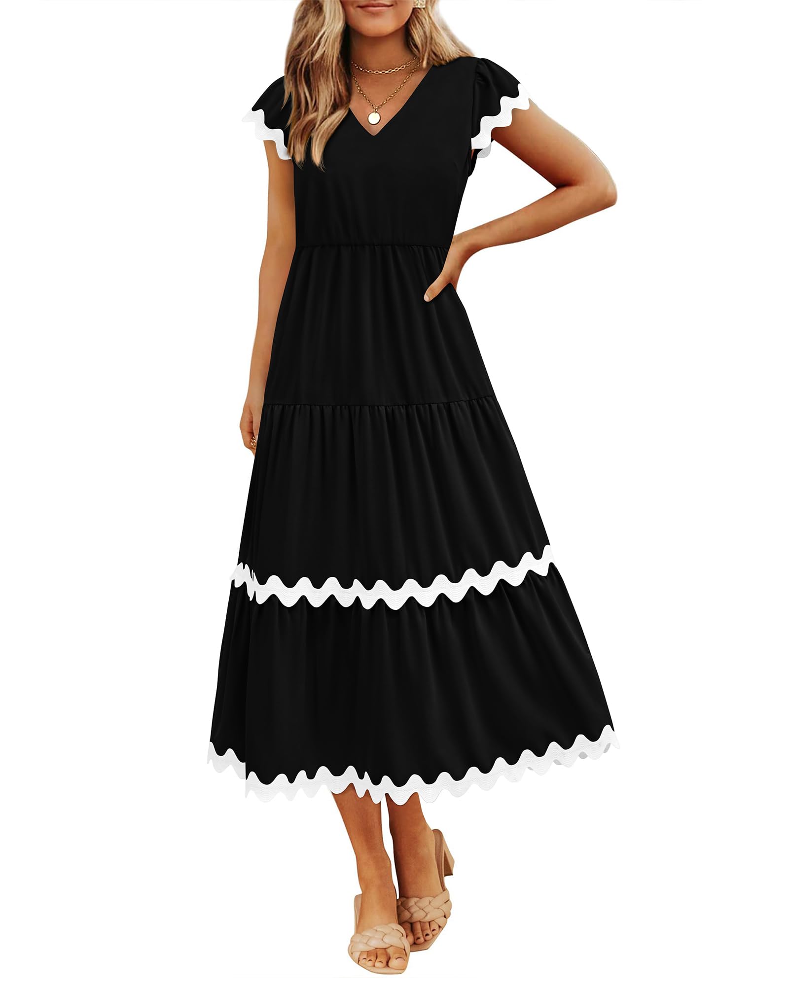 BTFBM Women's Flowy V-Neck Cap Sleeve Midi Dress with Pockets - Spring Summer Beach Vacation Dress 2025 | Perfect for Tropical Getaways, Pool Parties & Casual Outings