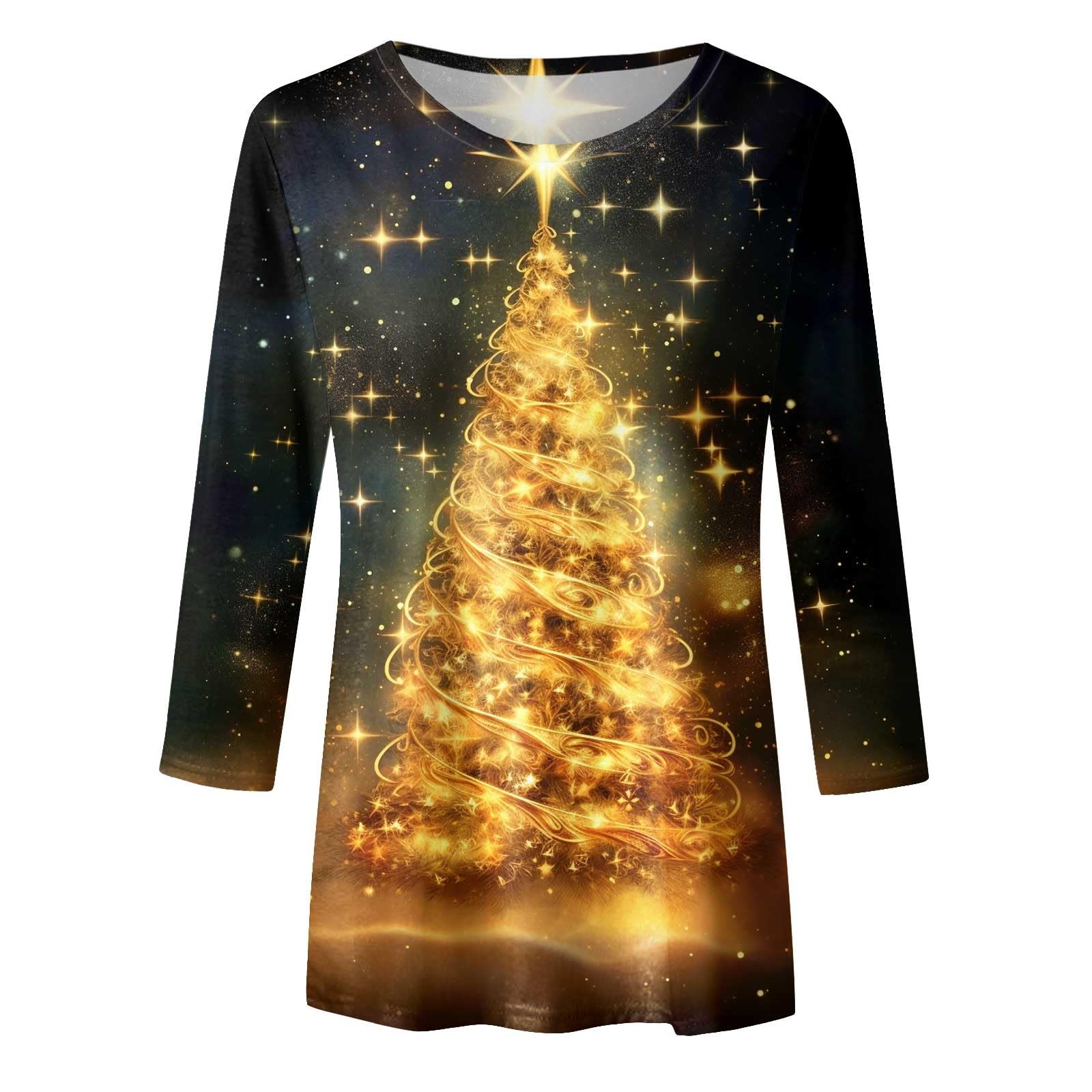 Sparkly Christmas Tree Graphic Sweatshirt for Women - 3/4 Sleeve Casual T-Shirt - Holiday Party Outfit & Ugly Sweater Contest