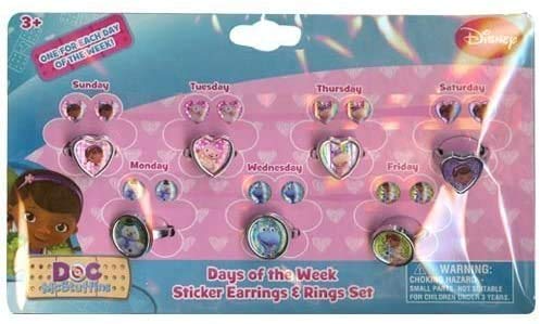 Doc McStuffins Days of the Week Earrings and Rings Set - Disney Junior Character Jewelry for Girls - Perfect for Dress Up, Birthday Gifts & Role Play Fun