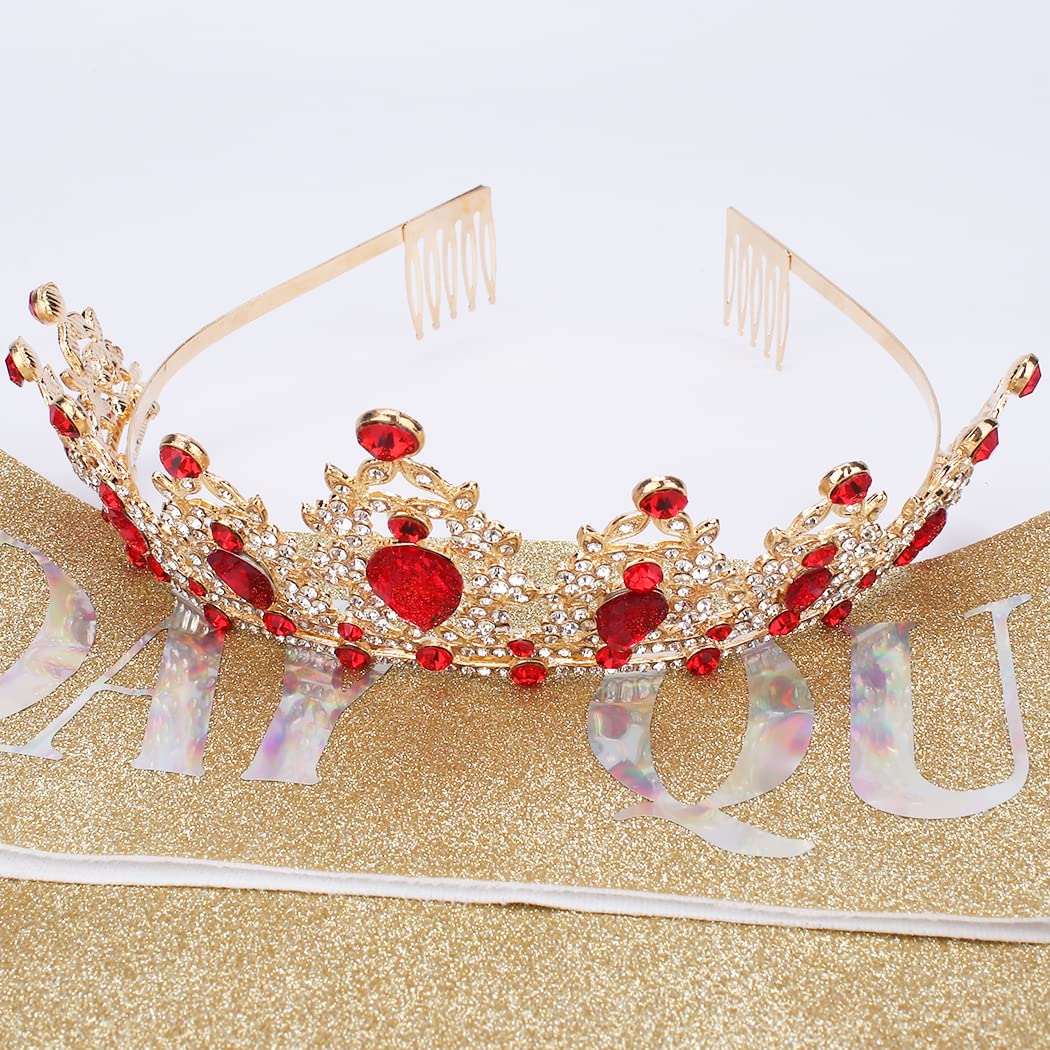 COCIDE Gold Crystal Tiara & Red Satin Sash Set for Women & Girls - Birthday Queen Crown with Red Gem - Perfect for Birthday Parties, Pageants, Bachelorette, Prom & Special Occasions - Great for Costumes, Role Play & Photo Shoots