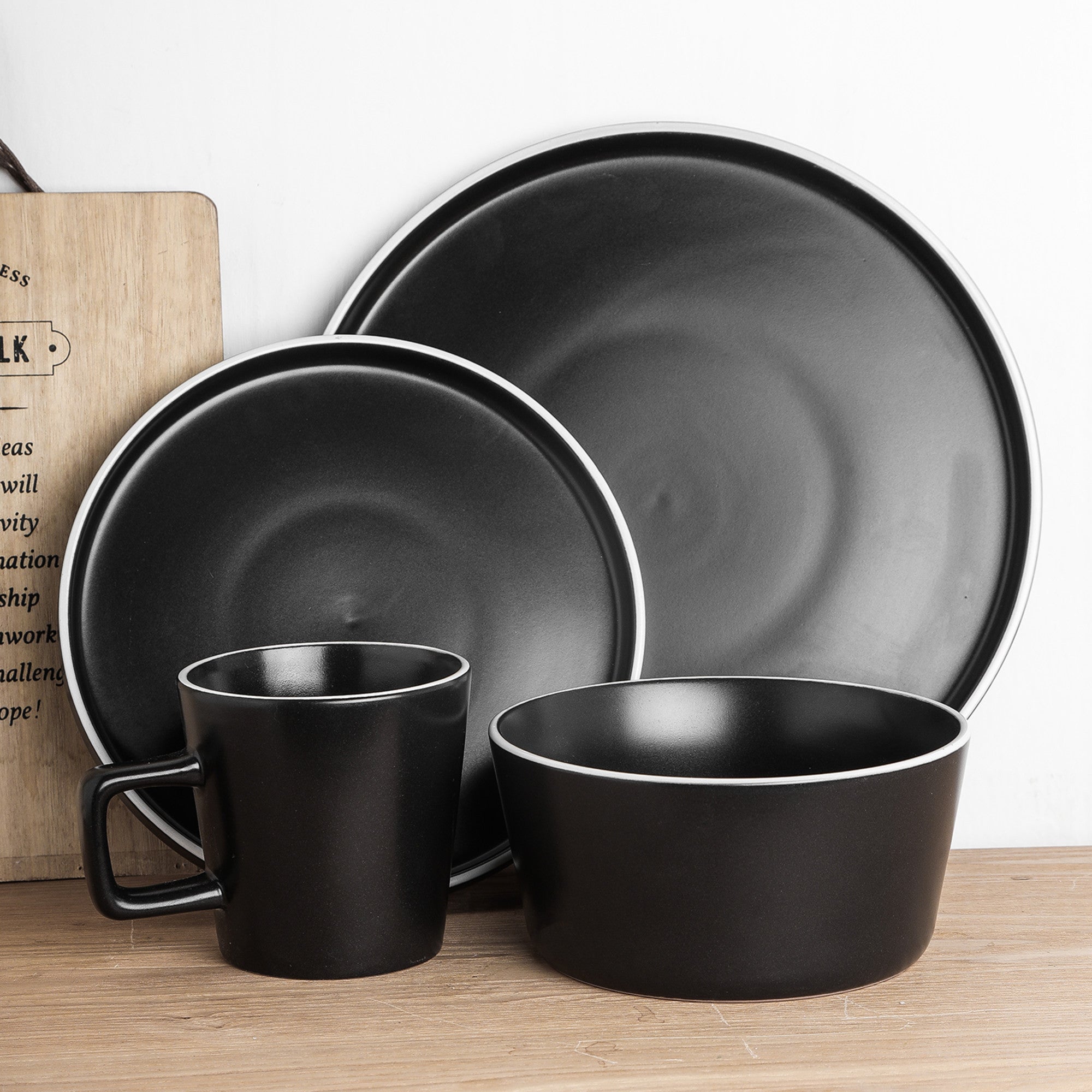 Premium Allison Stoneware Dinnerware Set - Black Matte with White Rim - Elegant Dinner Plates, Bowls & Mugs for Modern Dining, Entertaining & Everyday Use
