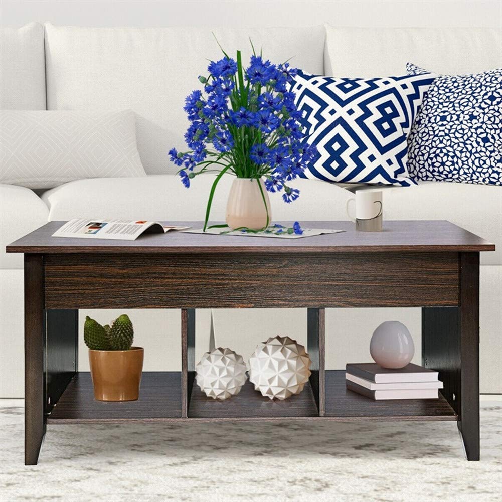 Modern Lift Top Coffee Table with Hidden Storage - Solid Wood Lift-Top Coffee Table for Living Room, Home Office, Dining - Brown Lift Table with Compartment for Books & Remotes