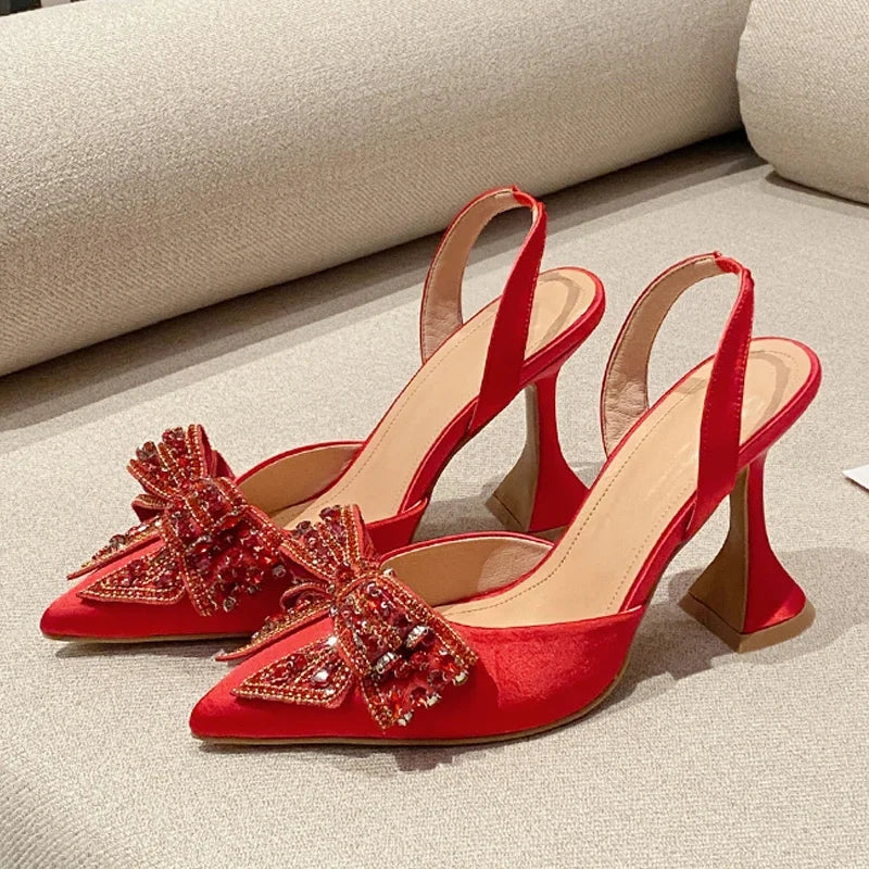 Eilyken Women's Crystal Butterfly Knot Pointed Toe High Heel Pumps - Elegant Street Style & Wedding Party Sandals for Special Occasions & Evening Events