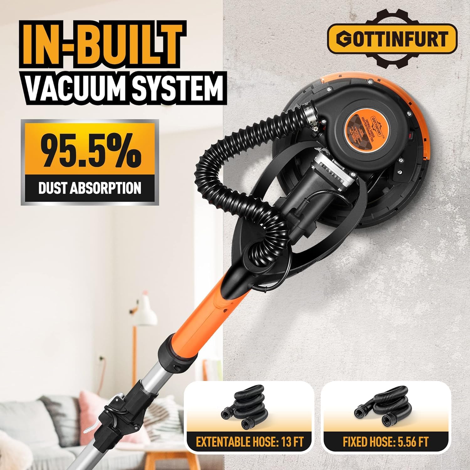 780W Electric Drywall Sander with Vacuum - 7 Speed Adjustable (900-1800RPM) & Extendable Handle - 95.5% Dust Removal for Popcorn Ceiling & Wall Sanding - Perfect for Home Renovation, DIY Projects & Professional Construction Work