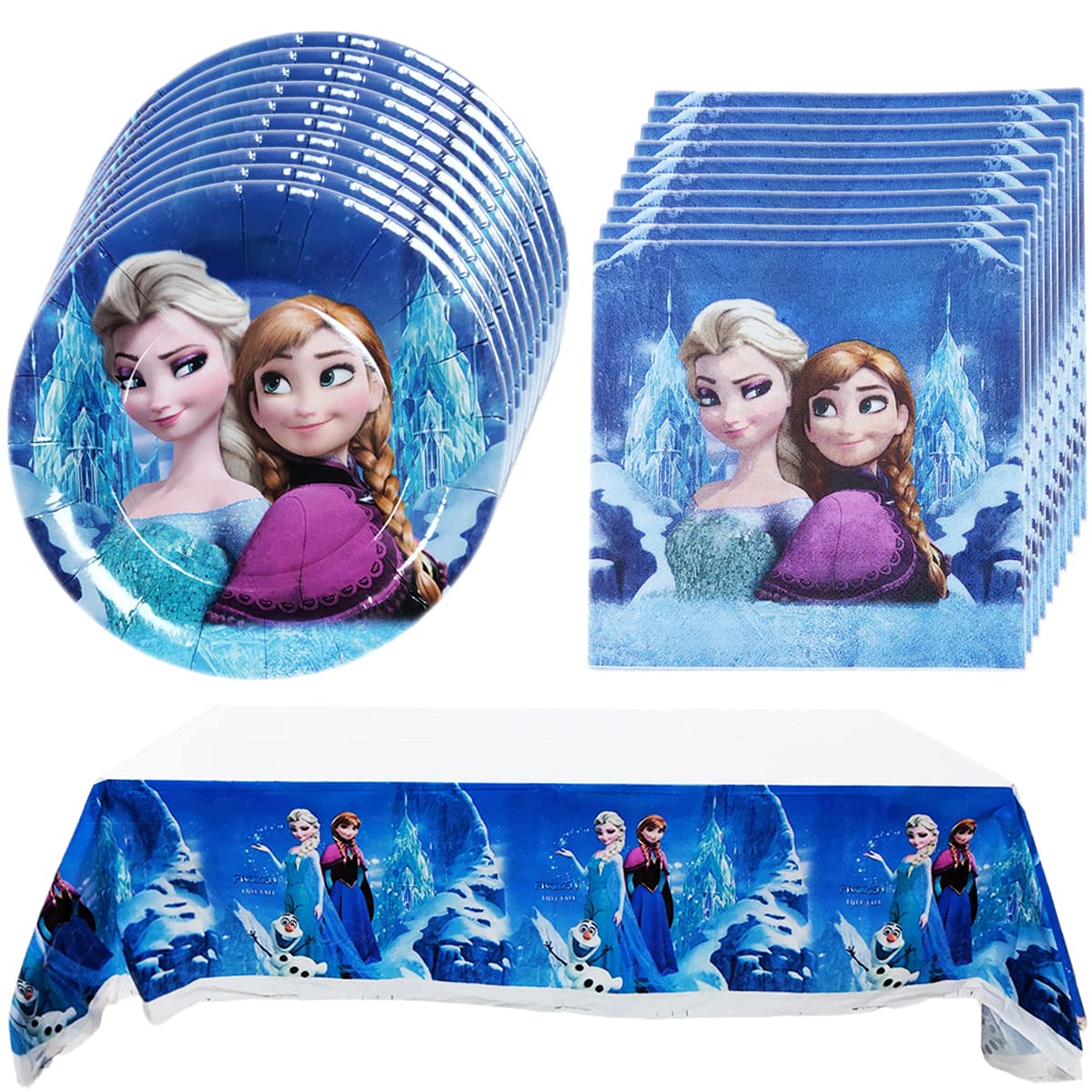 Frozen Party Supplies Set - 18 Plates, 20 Napkins & Tablecloth for Birthday Decorations