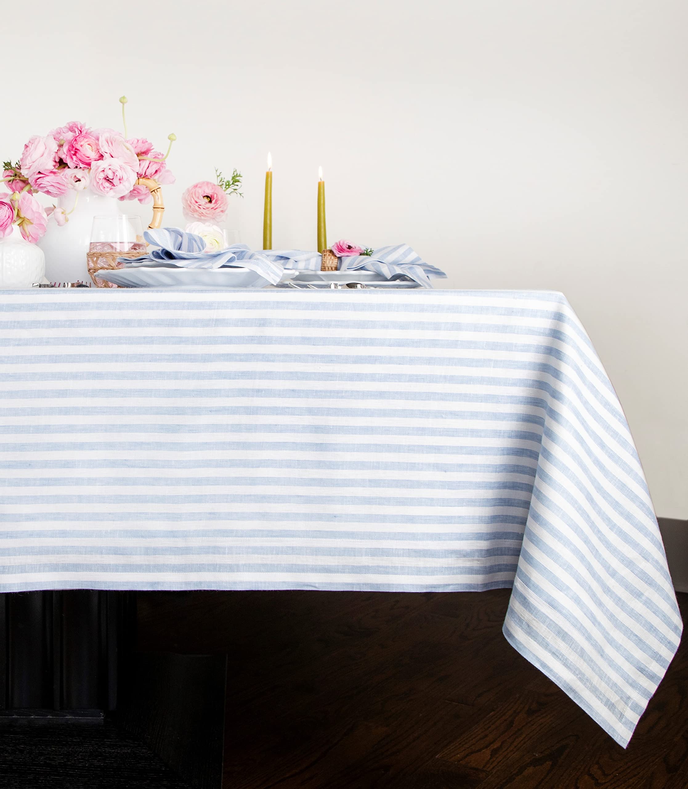 Solino Home 100% Pure Linen Tablecloth - Sky Blue & White Striped Easter Table Runner 60x90 Inch - Handcrafted, Machine Washable - Perfect for Dining, Parties, Weddings & Holiday Decor