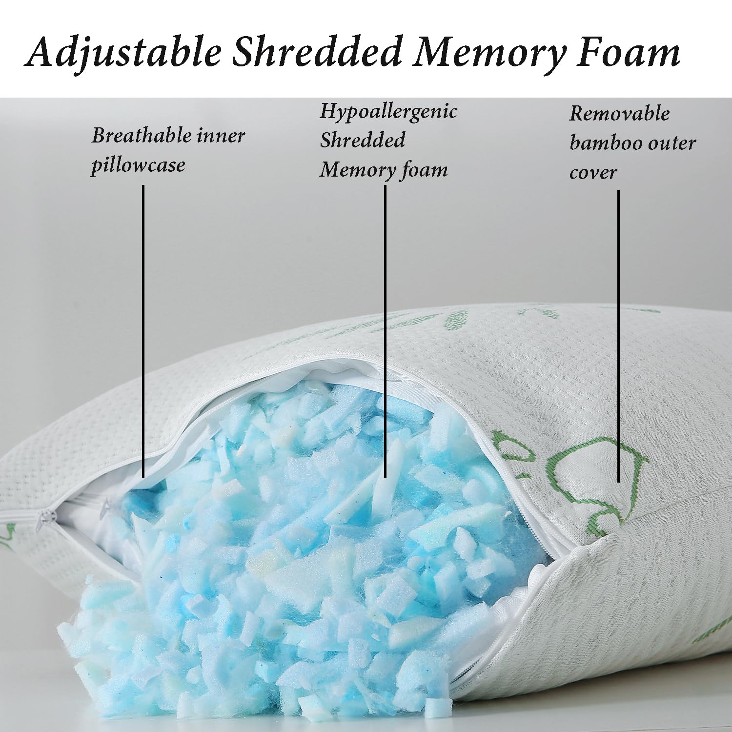 Cooling Breathable Memory Foam Pillow 2-Pack - Queen Size Firm Support for Neck & Shoulder Pain Relief | Hotel Quality Shredded Foam Pillows with Zippered Cover | Perfect for Side Sleepers, Back Pain Sufferers & Hot Sleepers