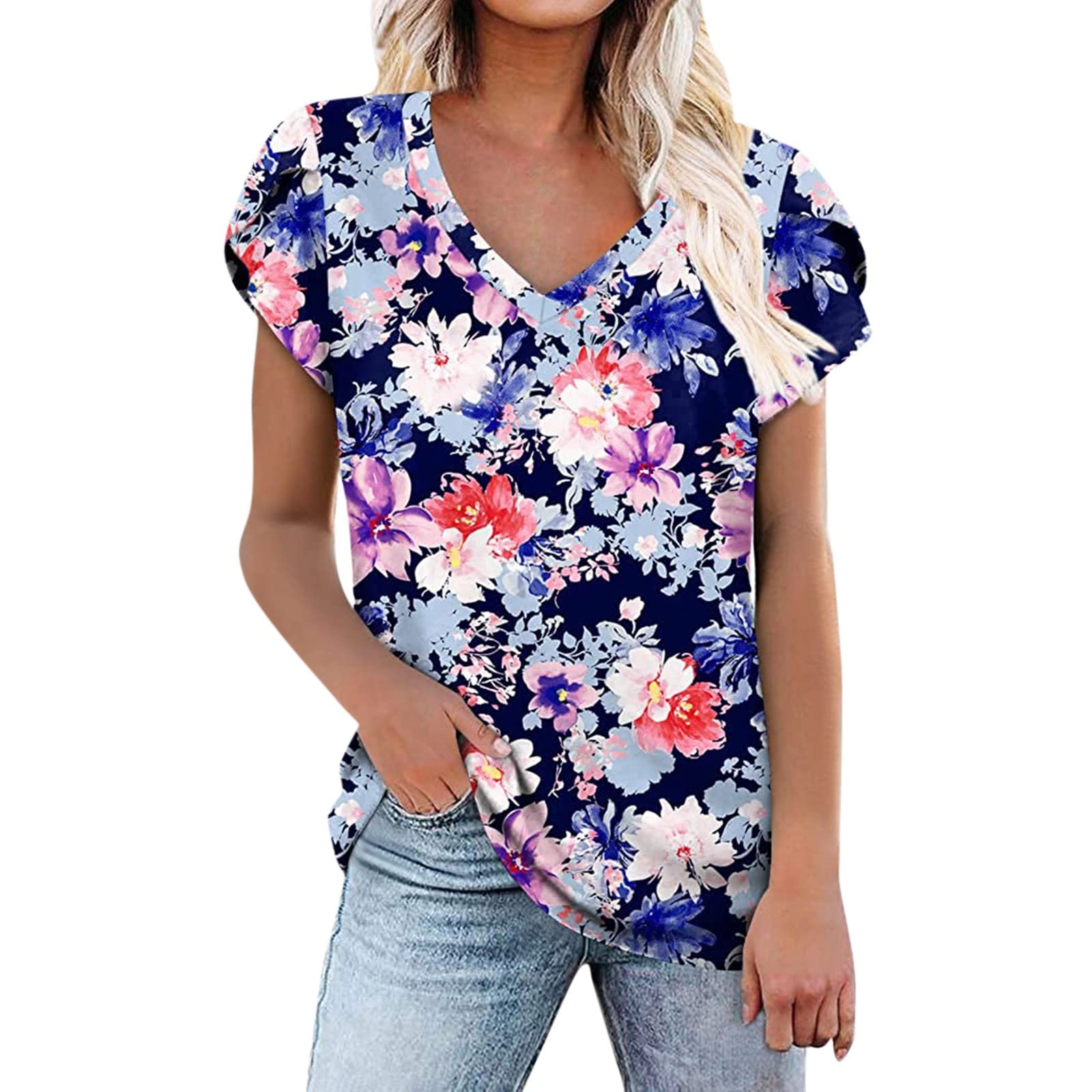 Women's Summer Short Sleeve V-Neck Floral Print Blouse - Casual Loose Comfortable T-Shirt Dress for Beach, Vacation & Everyday Wear
