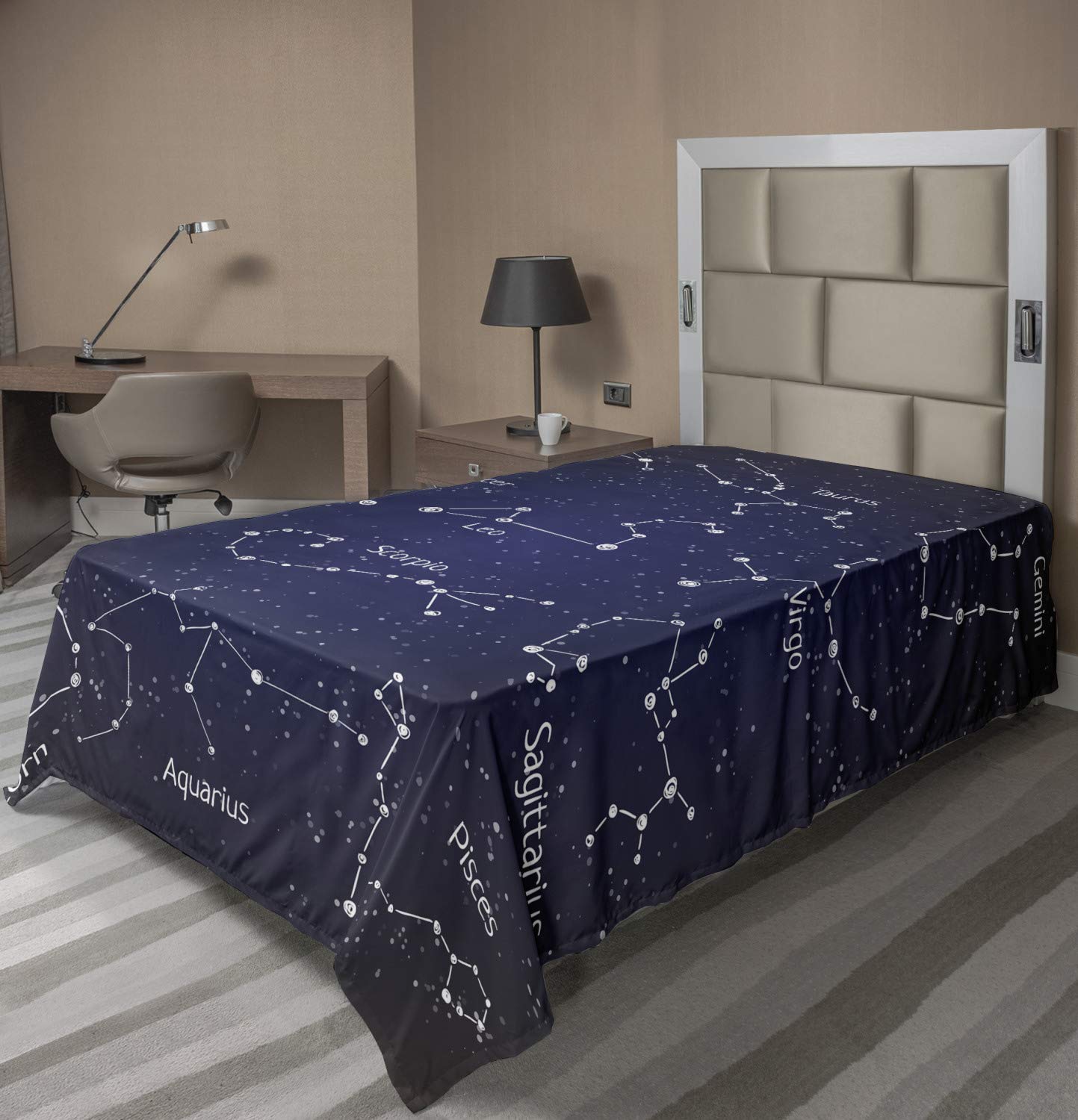 Ambesonne Constellation Twin Flat Sheet - Doodle Chalk Style Zodiac Stars & Sign Names - Soft Decorative Bedding for Comfortable Sleep - Dark Blue & White - Perfect for Kids' Rooms, Dorm Decor or Astronomy Lovers