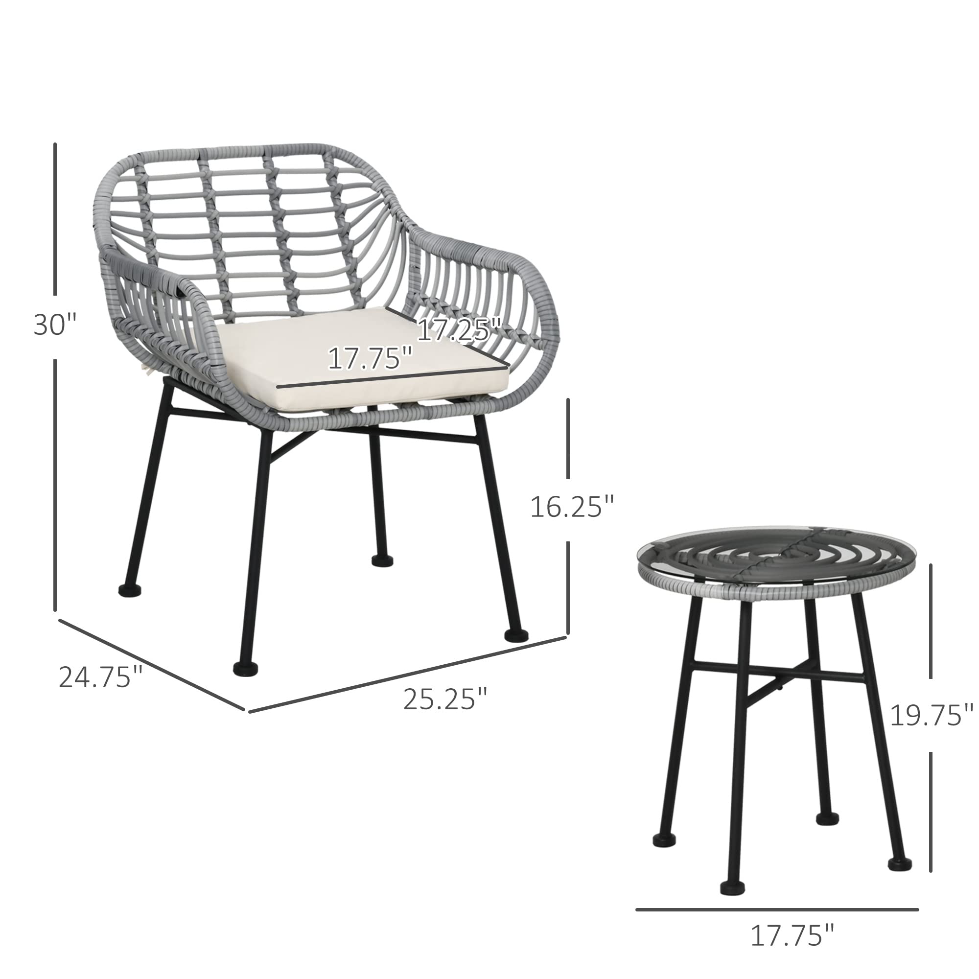 Outsunny 3-Piece Patio Set - PE Rattan Wicker Bistro Table & Chairs with Cushions & Tempered Glass Top | Modern Hand-Woven Outdoor Furniture for Garden, Porch, Poolside & Backyard | Cream White Patio Dining Set for Relaxing & Entertaining