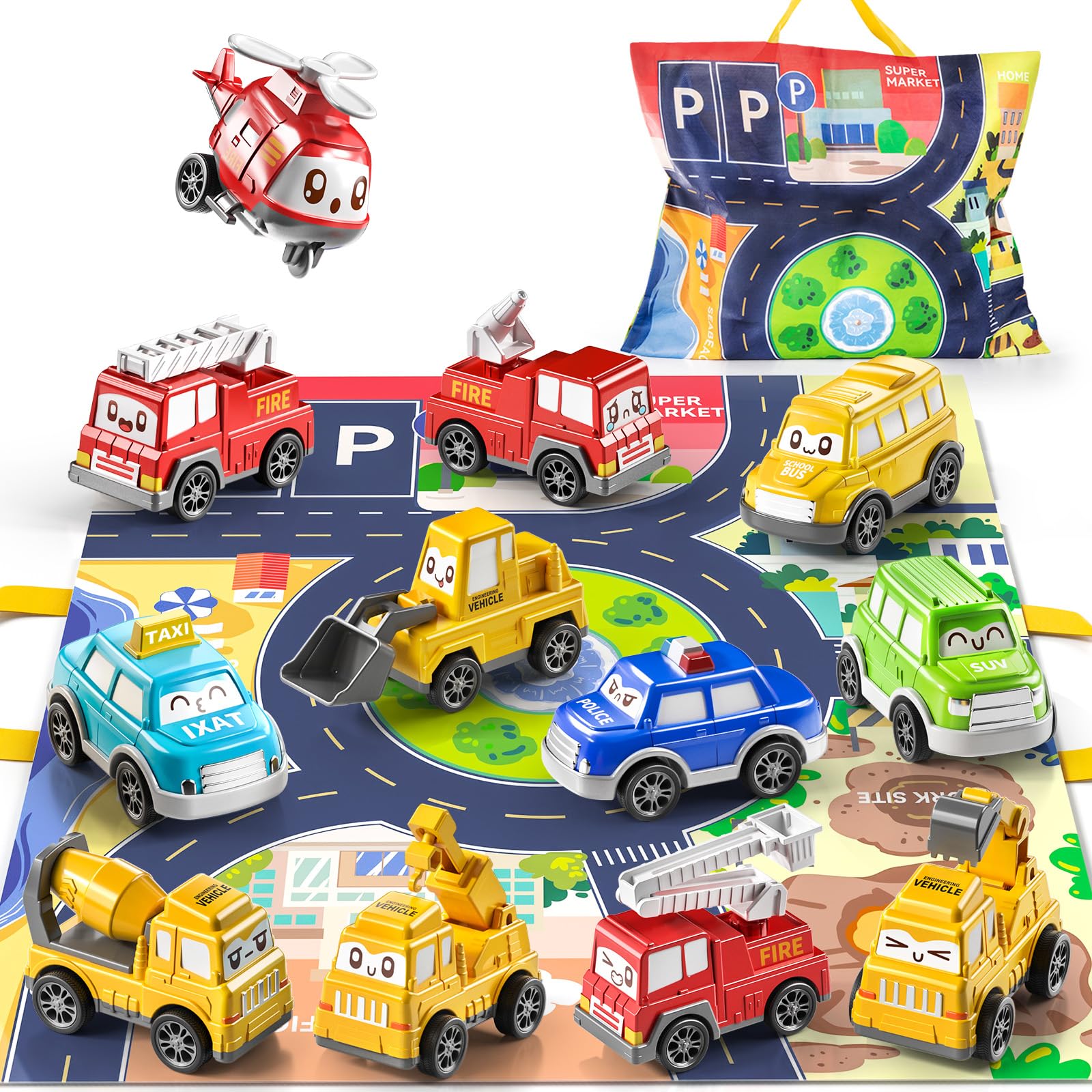 **12-Piece Pull Back Toy Cars for Toddlers 1-3 Years Old - Includes Play Mat & Storage Bag - Best Baby Toys for 12-18 Months - Perfect Birthday Gift for Boys & Girls - Fun Indoor & Outdoor Playtime**