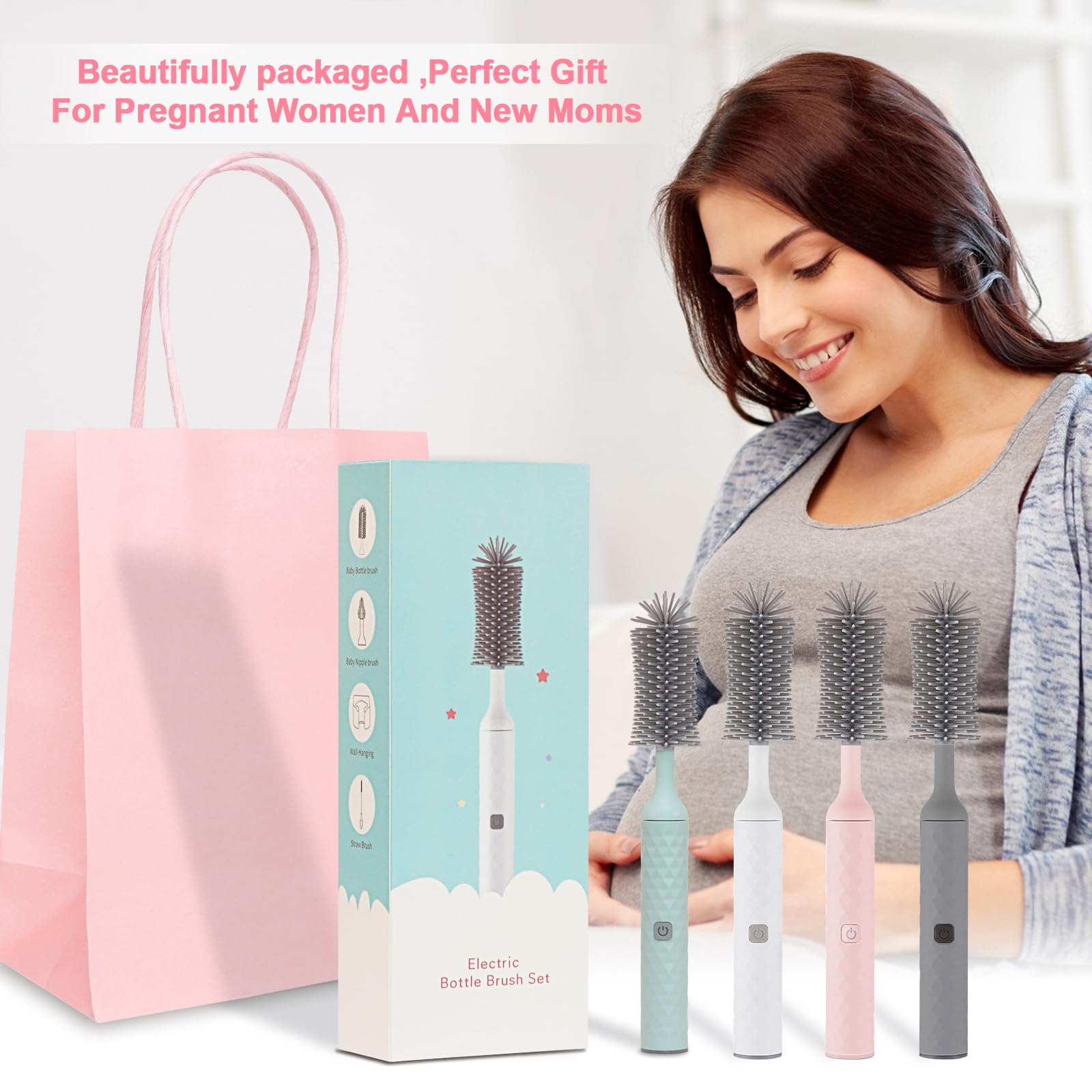 Rechargeable Electric Baby Bottle Cleaner Kit - 3-Piece Silicone Bottle Brush & Straw Brush Set | Automatic Bottle Washer for Infant Feeding Accessories | Perfect for Nursery, Travel & Daily Cleaning (Pink)