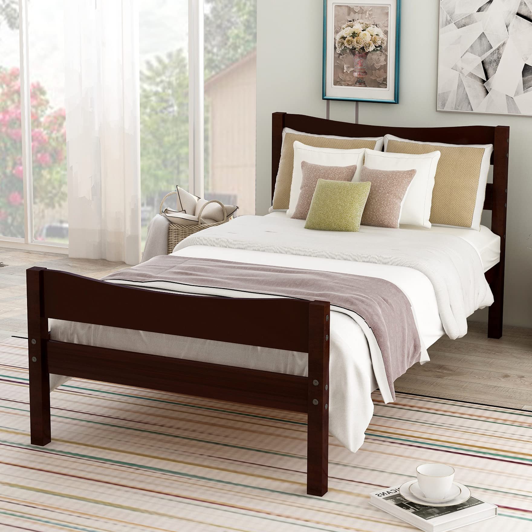Twin Size Wooden Bed Frame with Headboard and Footboard - No Box Spring Needed - Espresso Finish - Perfect for Kids Room, Guest Bedroom & Small Spaces