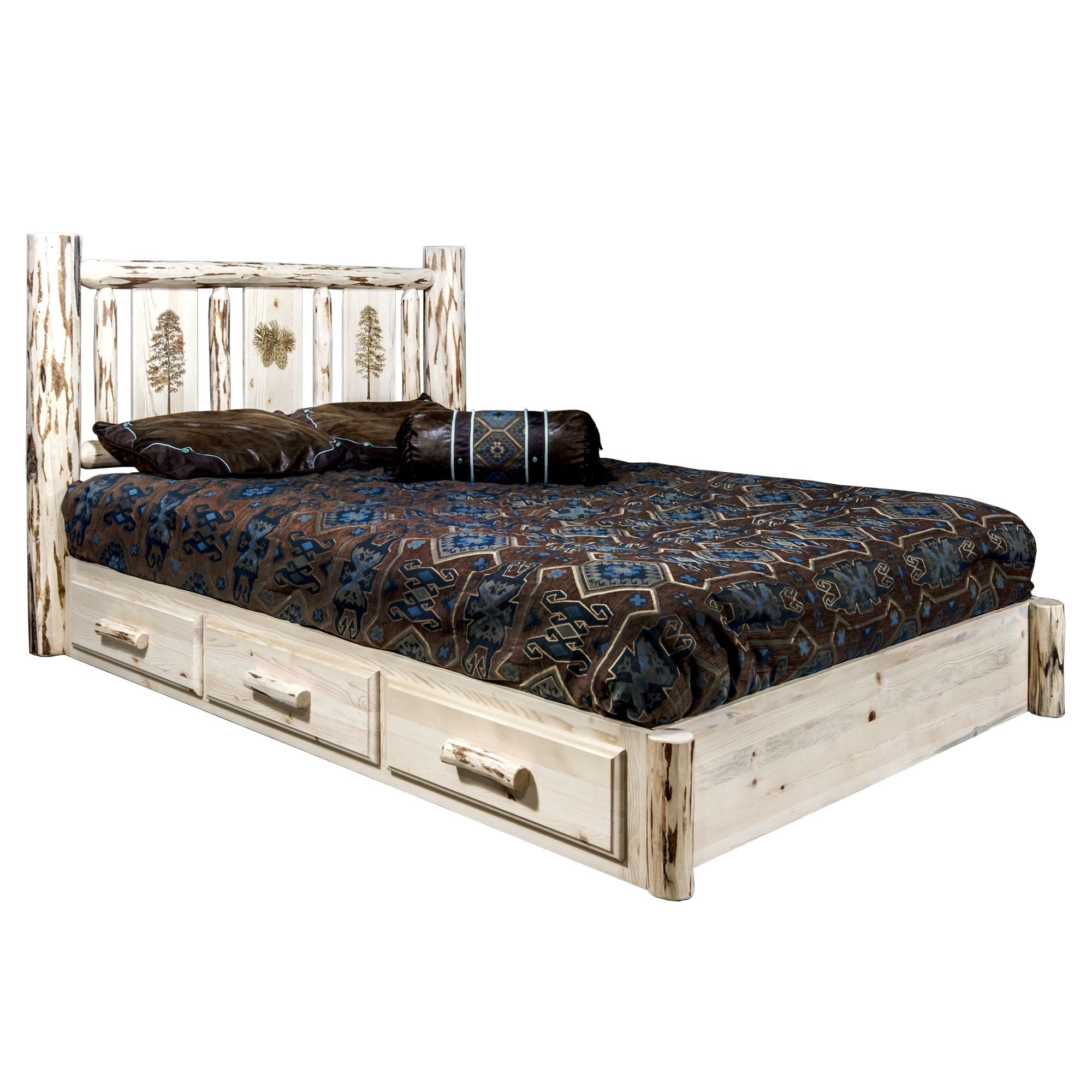 Montana Platform Bed with Storage - Laser Engraved Design & Clear Lacquer Finish | Modern Bedroom Furniture for Small Spaces & Apartment Living