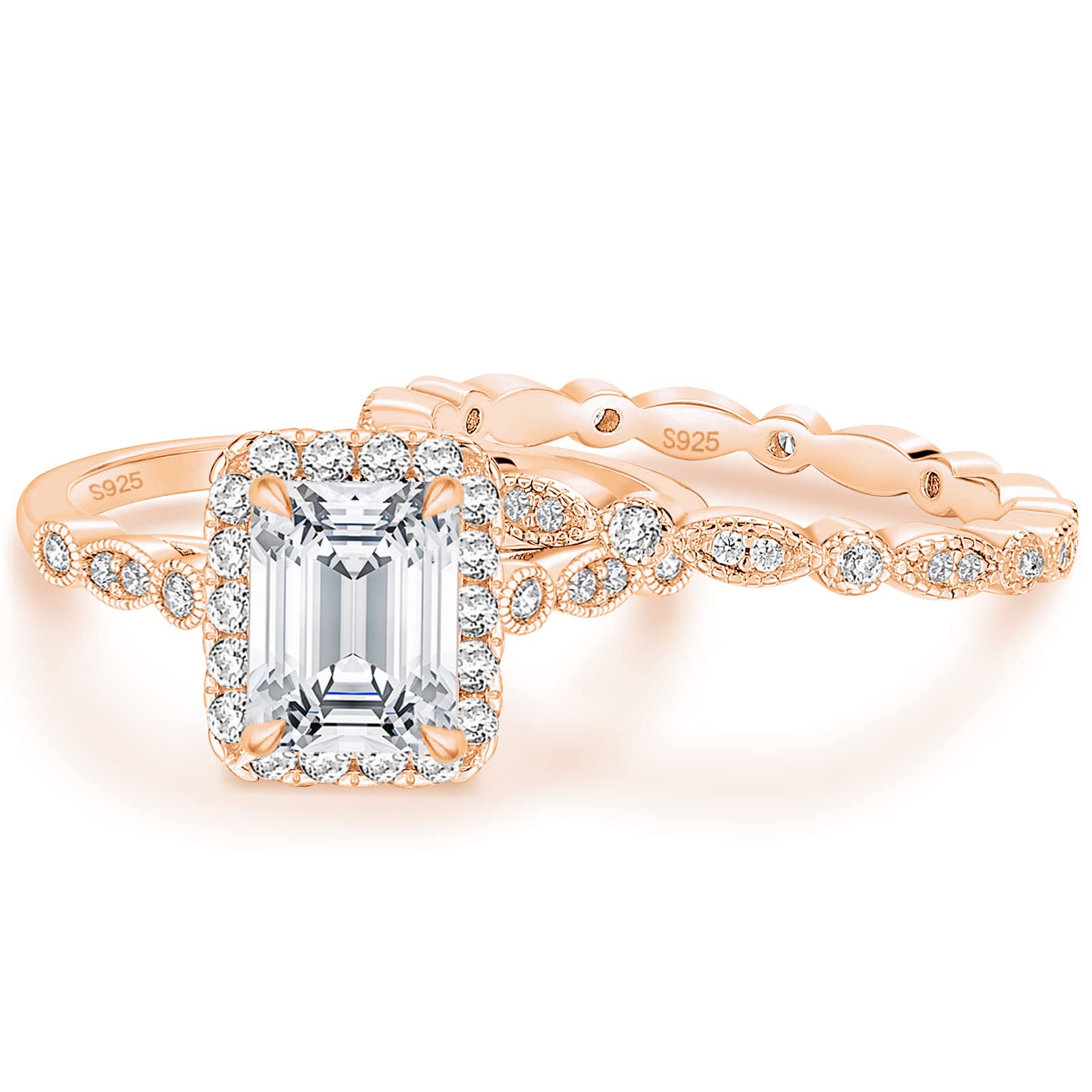 EAMTI 2CT 925 Sterling Silver Bridal Ring Set - Emerald Cut Cubic Zirconia Engagement Ring, Vintage Promise Ring & Marquise Wedding Band for Women (Sizes 3-12) | Perfect for Proposals, Anniversaries & Special Occasions