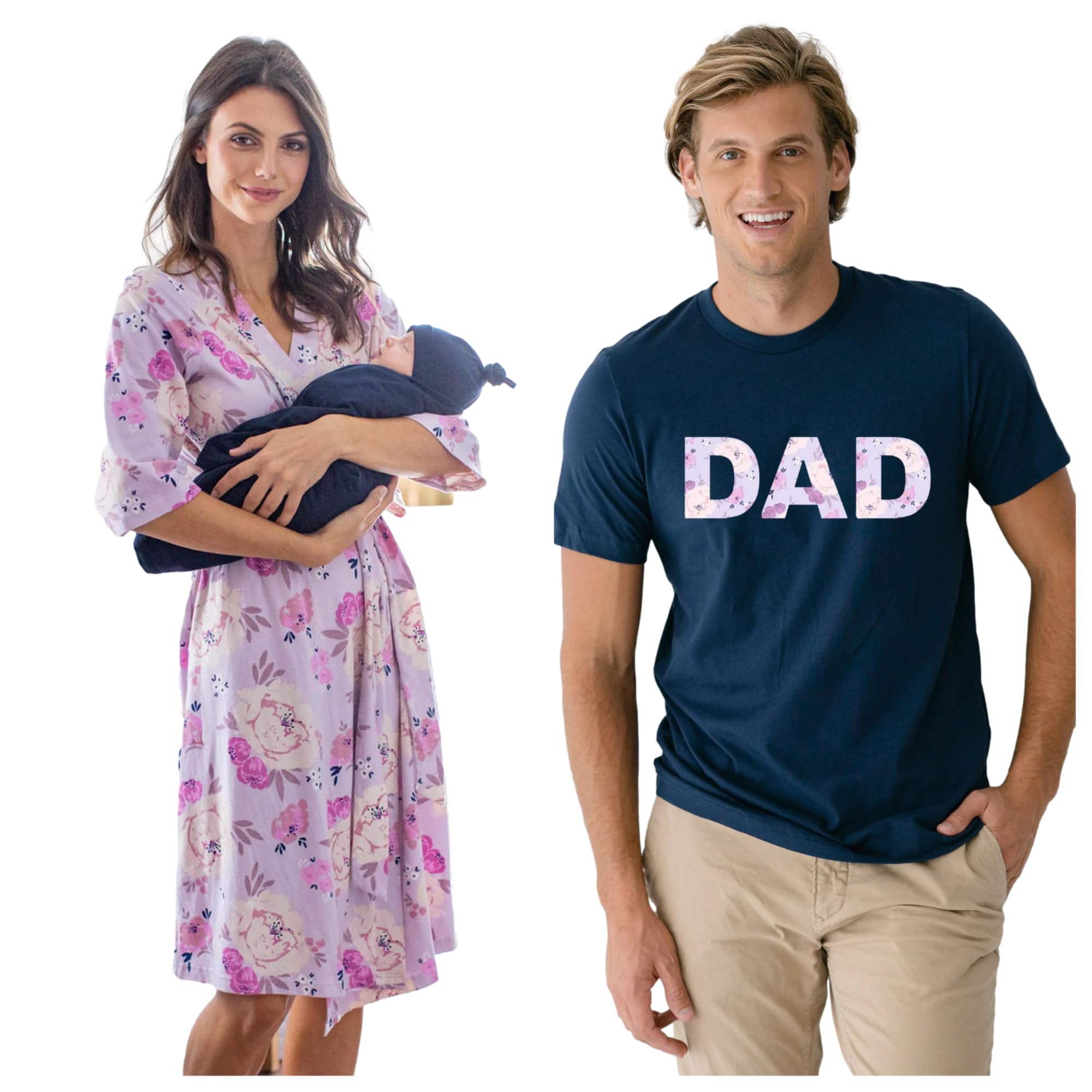 Baby Be Mine Maternity Nursing Delivery Robe & Baby Girl Swaddle Blanket Set with Daddy T-Shirt - Soft Comfortable Postpartum & Newborn Essentials for Hospital, Home & Photo Shoots