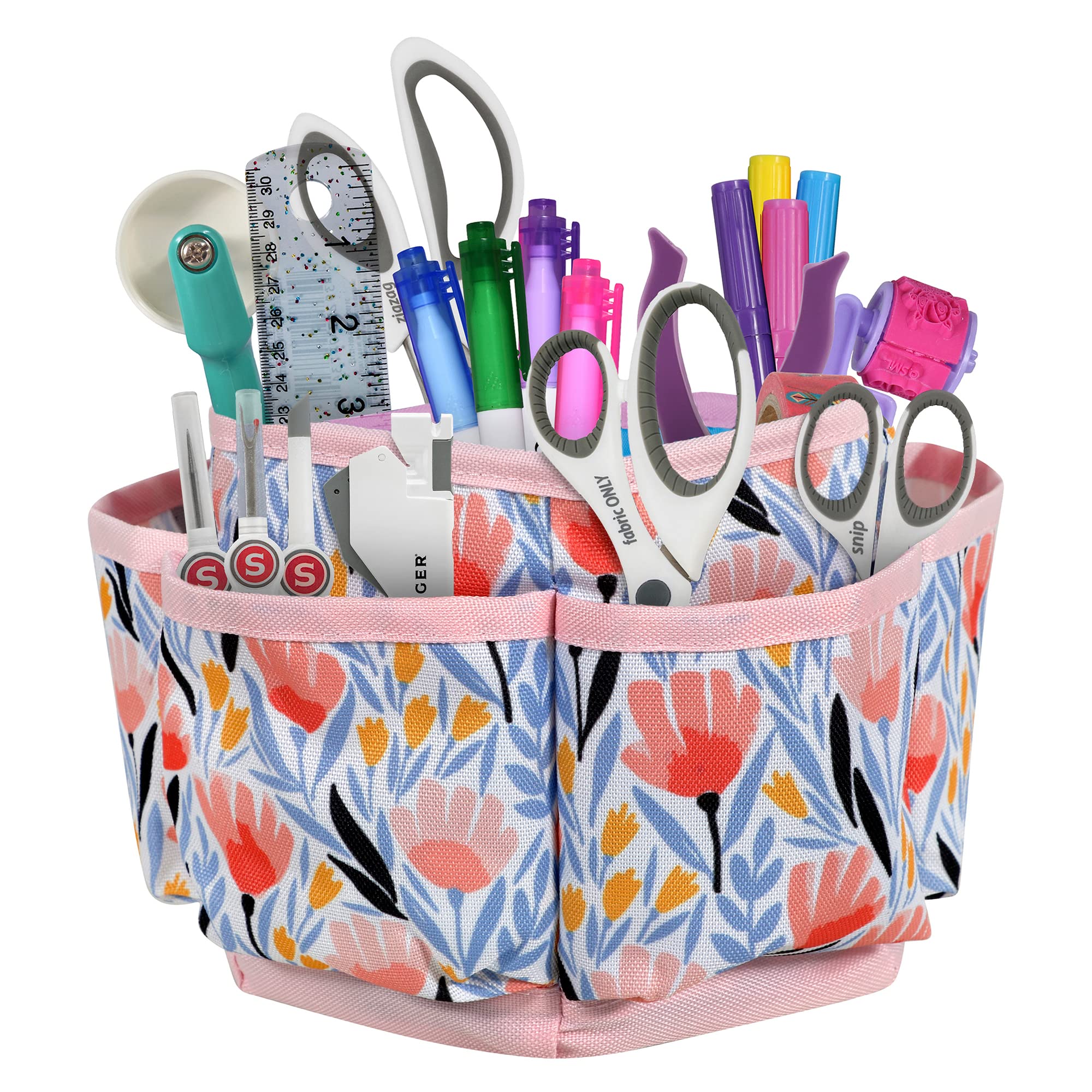 SINGER 360 Degree Rotating Tabletop Organizer with Compartments - Counter Storage for Sewing & Art Supplies, Tulip Floral Print - Perfect for Craft Rooms, Offices & Home Organization