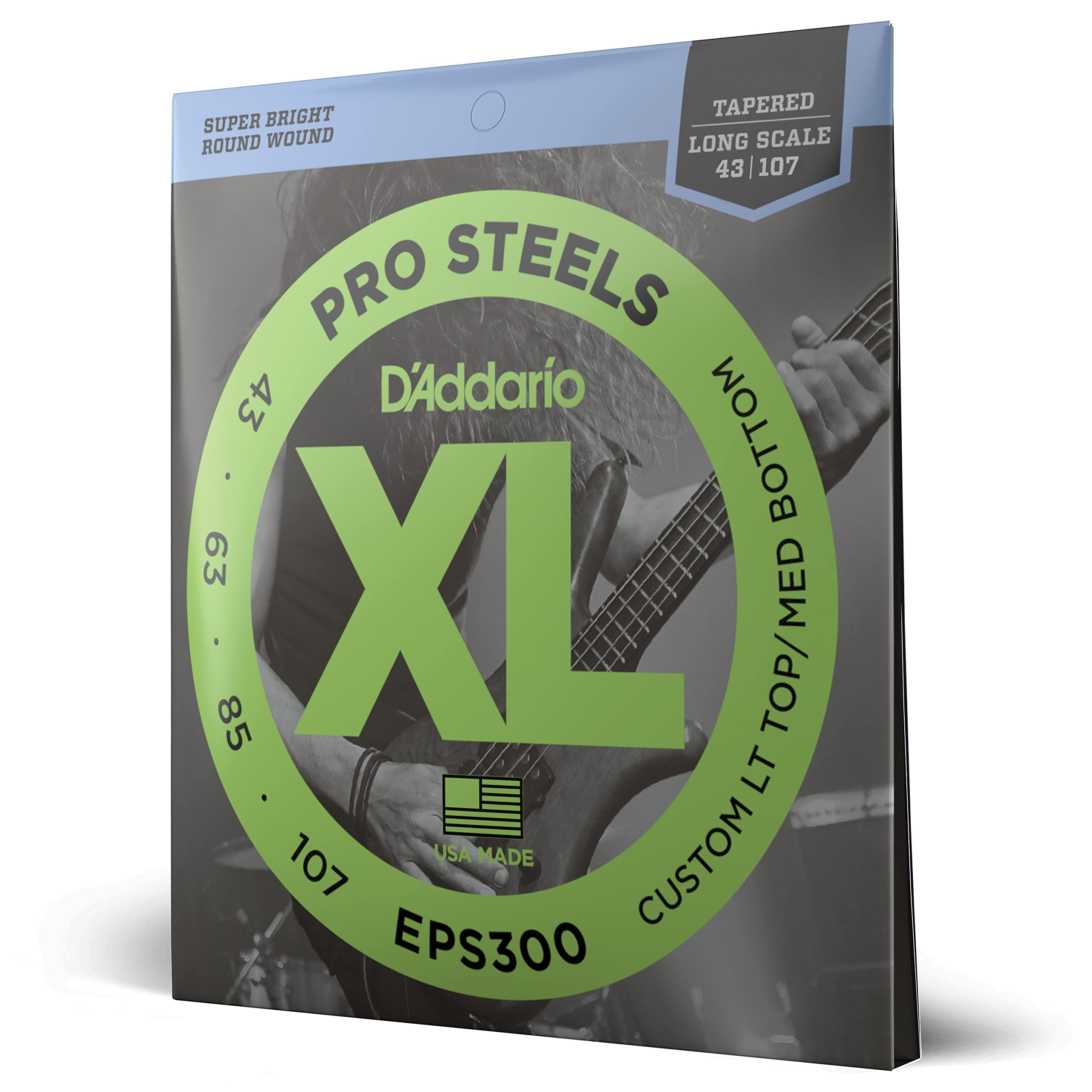 D'Addario EPS300 XL Pro Steels Bass Guitar Strings - Long Scale, 4-String Set, Custom Light Top/Medium Bottom Gauge 43-107, Tapered - Perfect for Rock, Metal & Studio Recording - Pack of 1