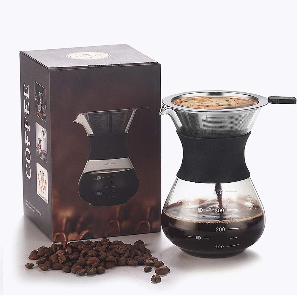 Stainless Steel Pour Over Coffee Maker with Reusable Filter - 300ml/10.5oz Borosilicate Glass Carafe - Manual Coffee Dripper Brewer Set for Home, Office & Camping Use
