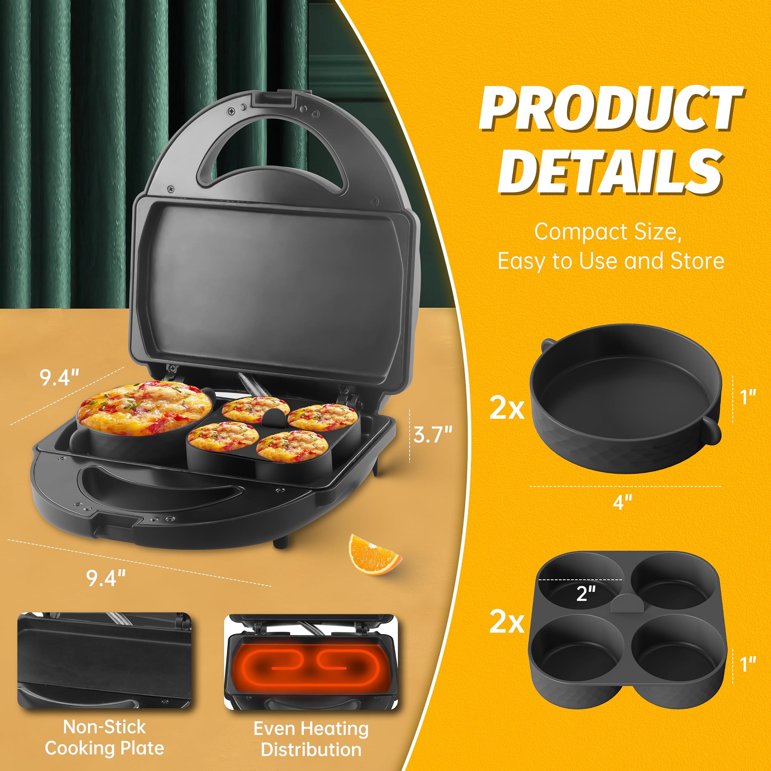 Sous Vide Egg Bite Maker with 4 Silicone Molds - Grilled Cheese & Mini Griddle for Breakfast Sandwiches, Snacks, Desserts - Makes 8 Mini & 2 Large Egg Bites - Perfect for Quick Breakfasts, Kids Lunches, and Party Appetizers