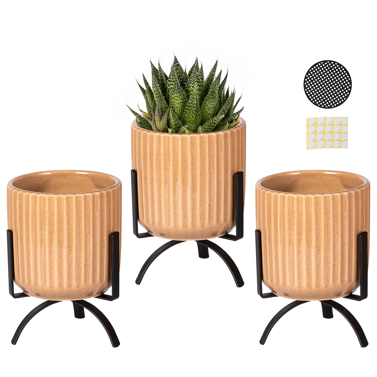 TAMAYKIM 4 Inch Small Vertical Striped Succulent Plant Pots with Drainage Holes - Modern Cylinder Ceramic Planters with Metal Stand for Indoor Tabletop, Outdoor Cactus, Brown Beige (Set of 3) - Perfect for Home Decor, Office Desk, Garden & Gift Ideas