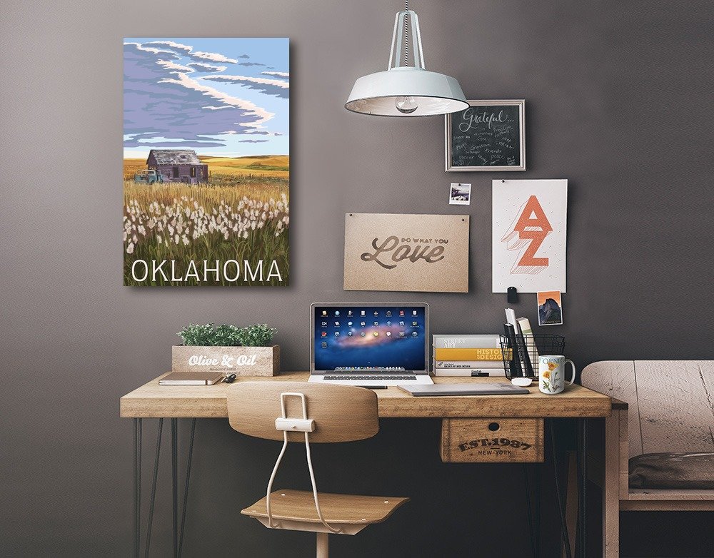 Lantern Press Oklahoma Wheat Field and Shack Wall Art - 16x24 Wrapped Canvas Print for Home & Office Decor - Countryside Landscape Painting for Living Room, Bedroom, or Farmhouse Style Interior