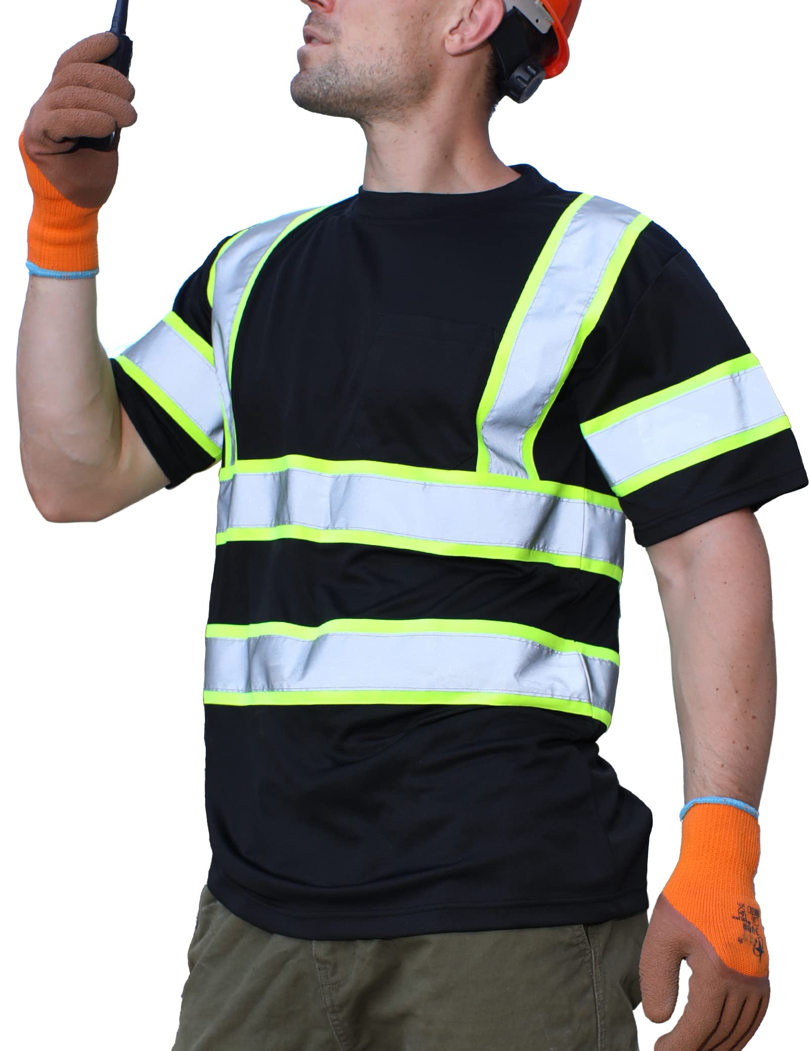 sesafety Class 3 High Visibility Reflective Work Shirts for Men - Short Sleeve Safety T-Shirts with Pocket, Black & Yellow Stripes - Ideal for Construction, Road Work, and Nighttime Outdoor Jobs