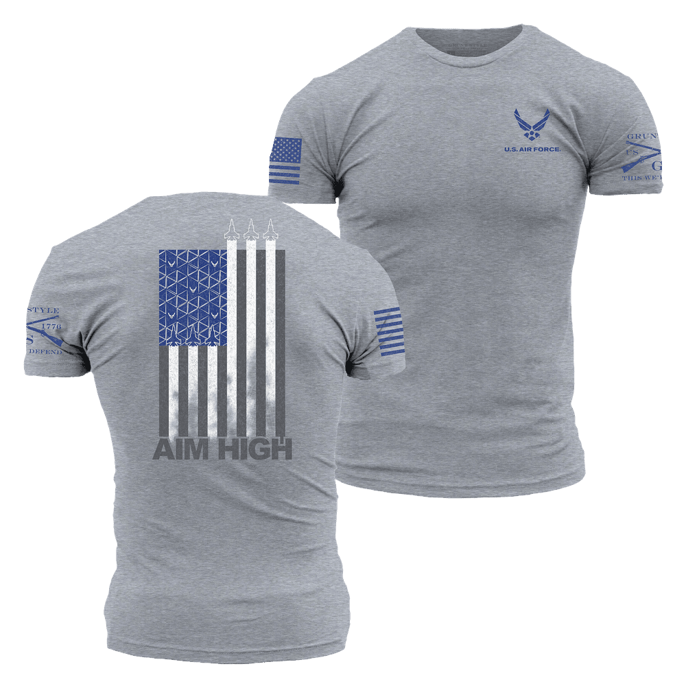 USAF Aim High Flag T-Shirt - Dark Heather Gray - Patriotic Military Apparel for Veterans & Air Force Supporters - Perfect for Memorial Day, Veterans Day & Military Events