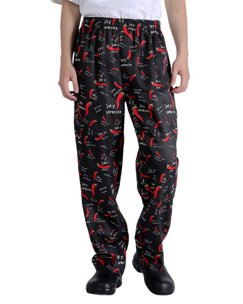**Unisex Baggy Printed Chef Pants - Elastic Waist Floral Restaurant Work Pants for Men & Women - Comfortable Kitchen Uniforms for Cooking, Baking & Professional Chefs**