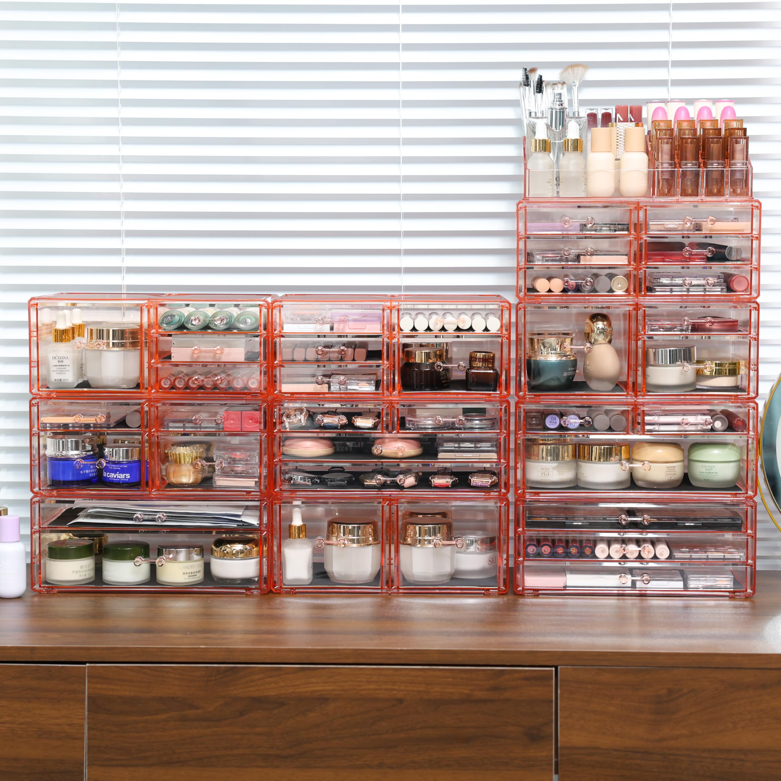 5-Drawer Acrylic Vanity Organizer with Brush Holder & Perfume Tray - Stackable Makeup Storage for Bathroom Countertop, Pink | Perfect for Cosmetics, Jewelry & Skincare Organization