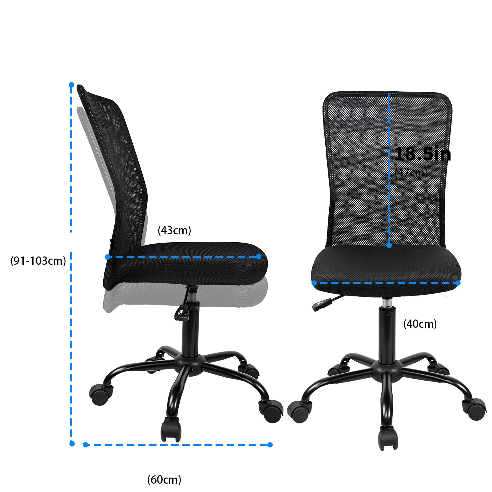 Ergonomic Office Chair Without Arms - Breathable Mesh Desk Chair with Wheels & Swivel Base - Black - Perfect for Home Office, Study & Gaming