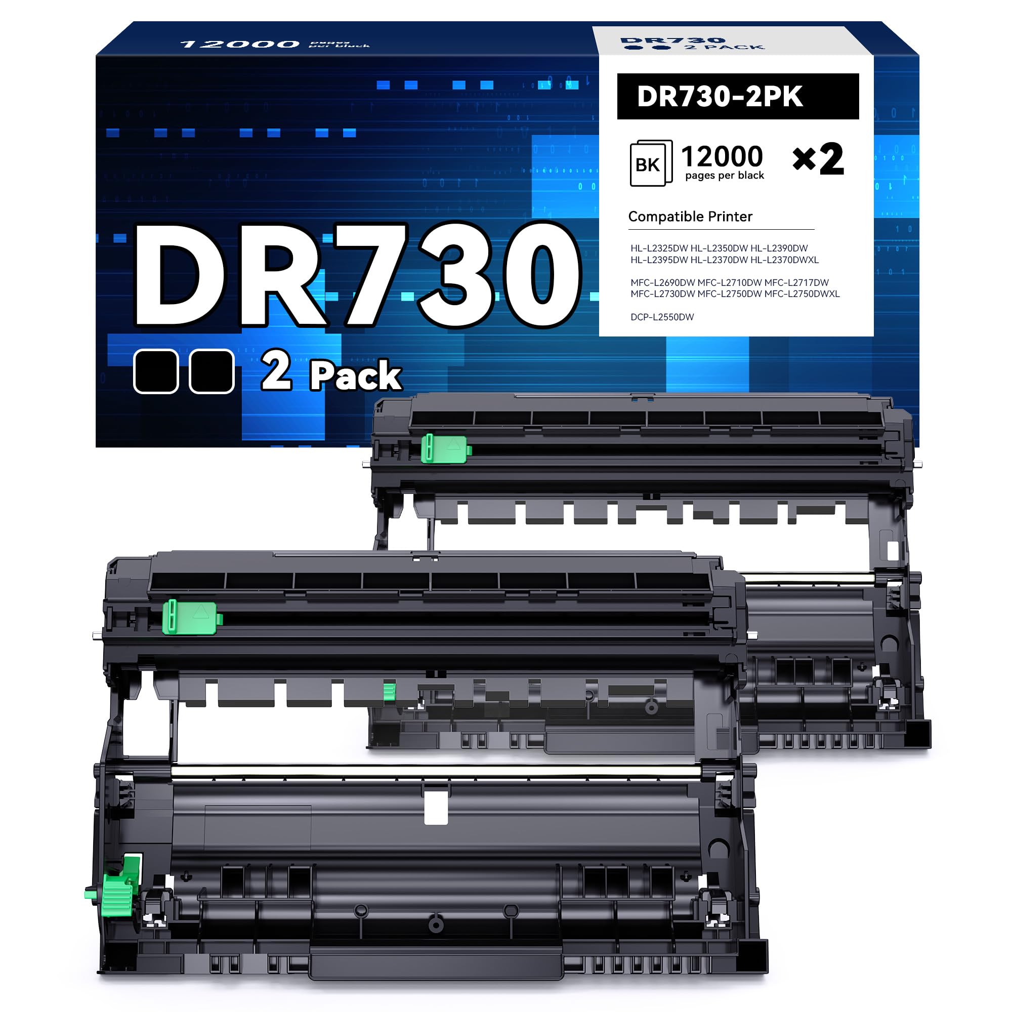 DR730 Drum Unit Replacement for MFC-L2710DW Printers (2 Pack) - Office & Home Use