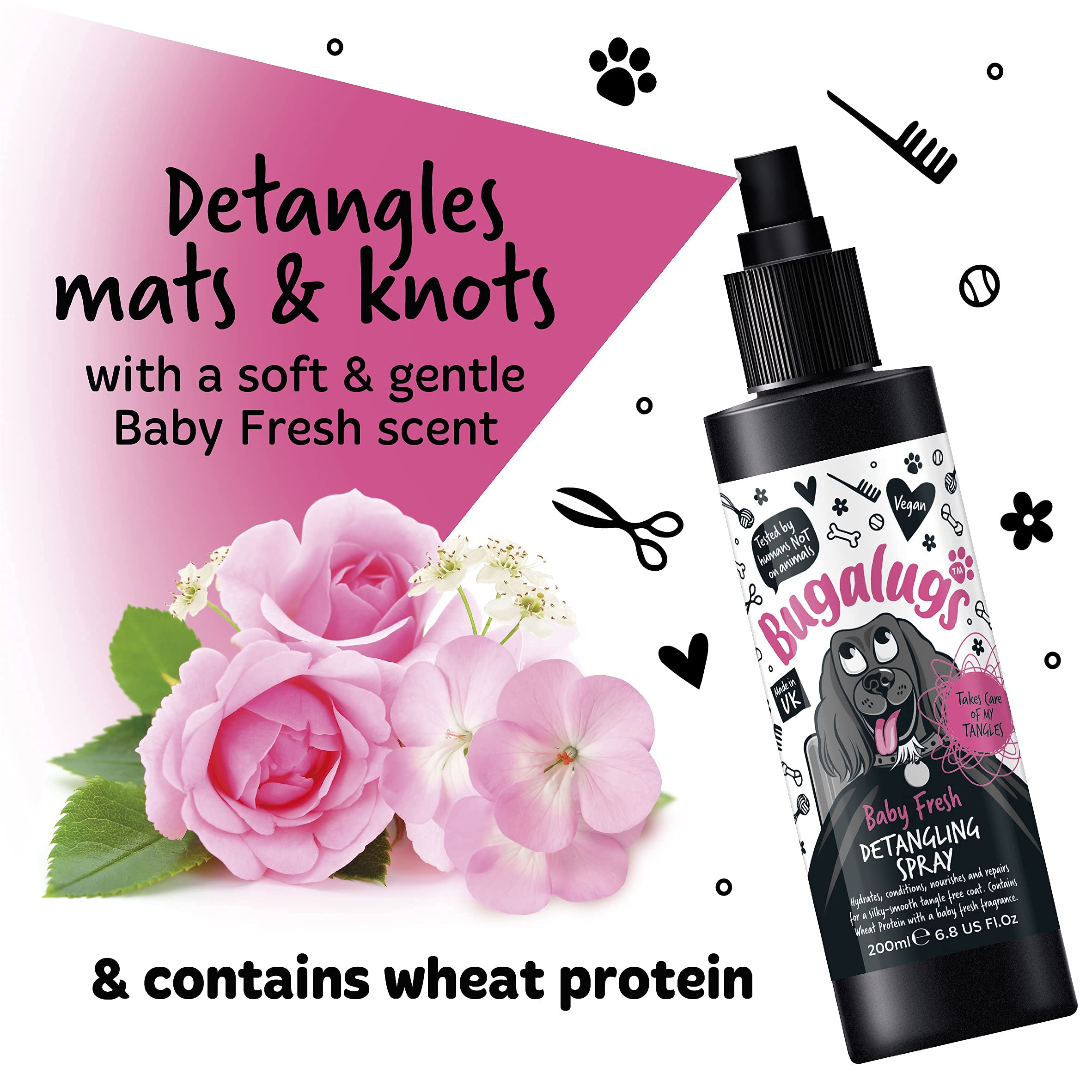 BUGALUGS Baby Fresh Dog Detangler Spray - 200ml Professional Dog Grooming Spray with Baby Powder Scent | Tangle-Free Hair Conditioner for Puppies & Dogs | Perfect for Daily Grooming, Show Prep & Post-Bath Care